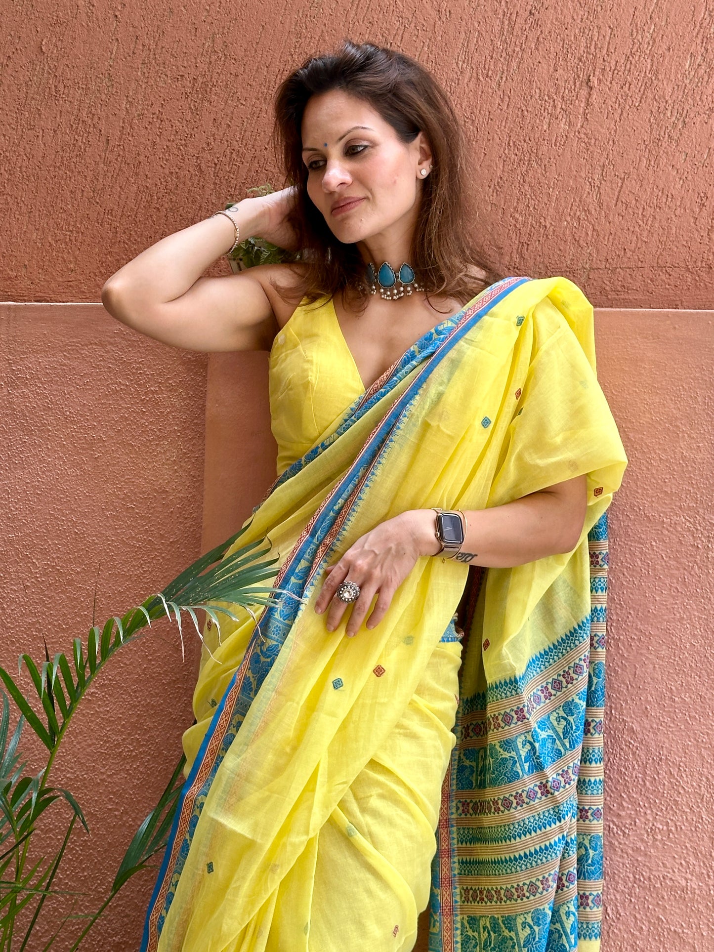 Yellow Pure Cotton Baluchari Saree with Blue Weaving