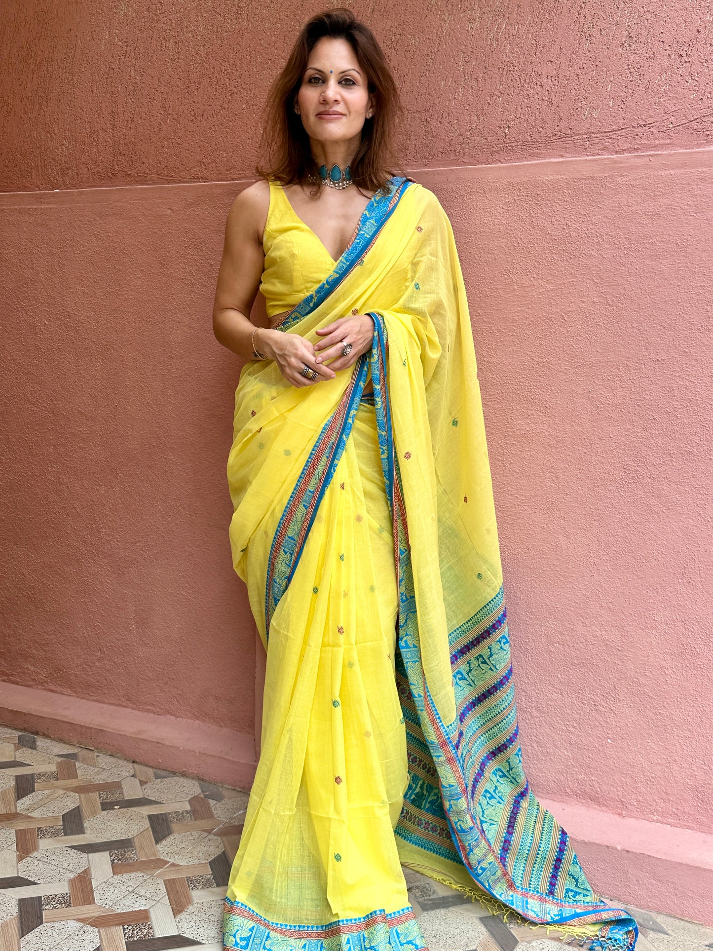 Yellow Pure Cotton Baluchari Saree with Blue Weaving
