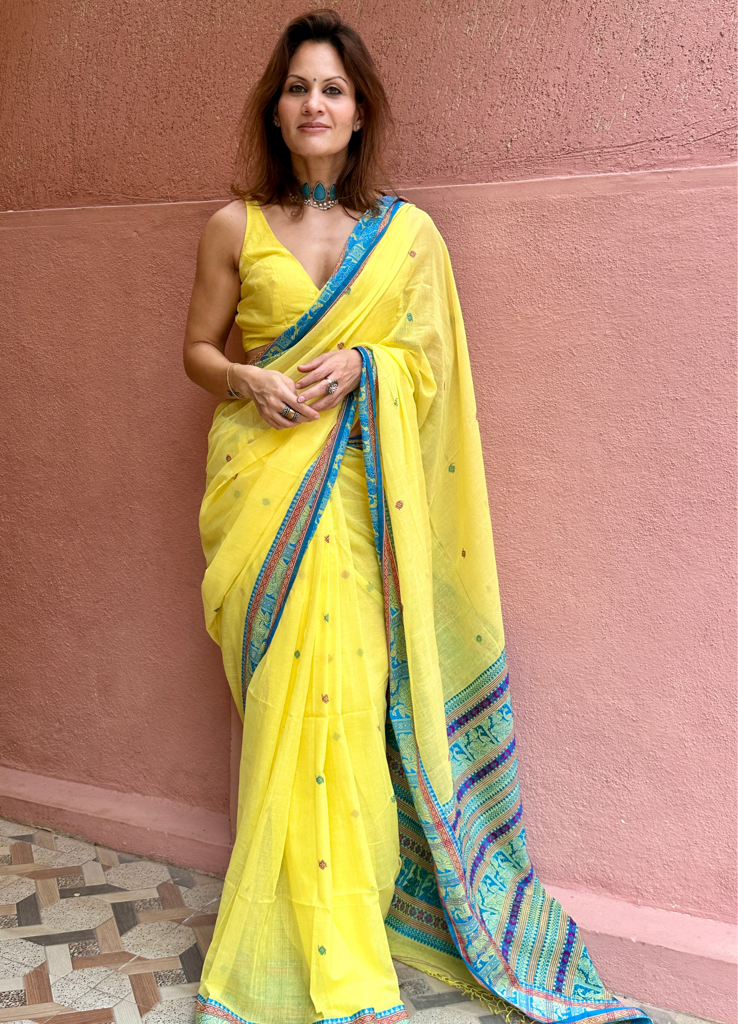 Yellow Pure Cotton Baluchari Saree with Blue Weaving