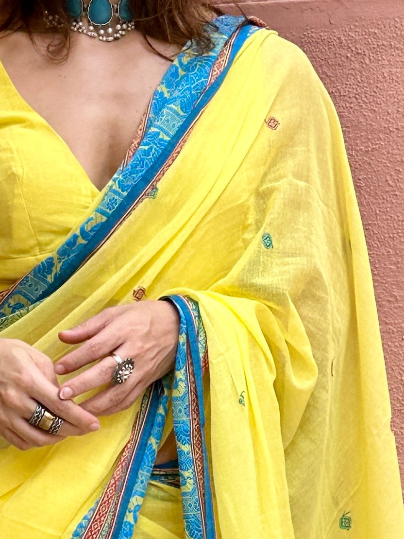 Yellow Pure Cotton Baluchari Saree with Blue Weaving