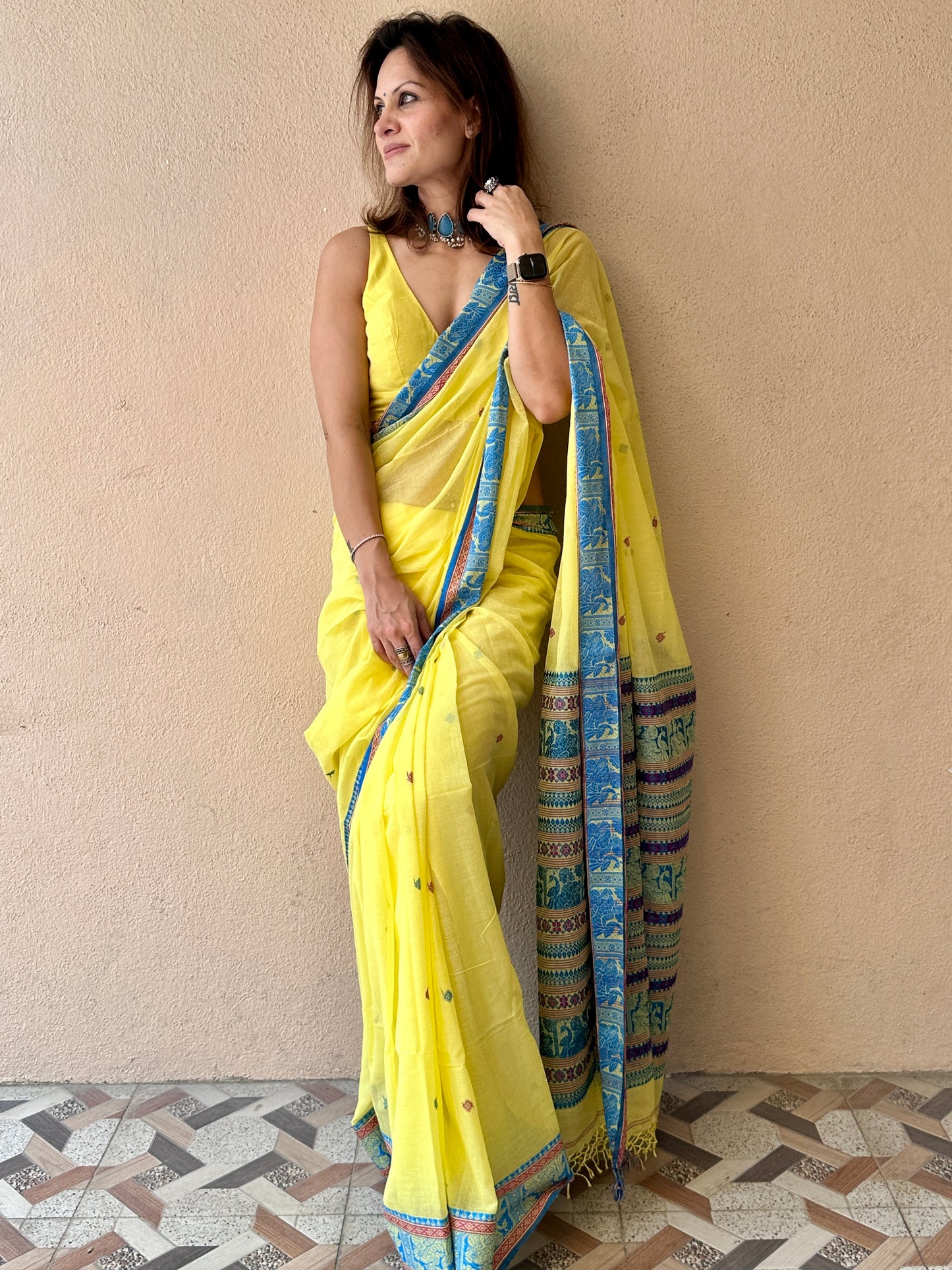 Yellow Pure Cotton Baluchari Saree with Blue Weaving