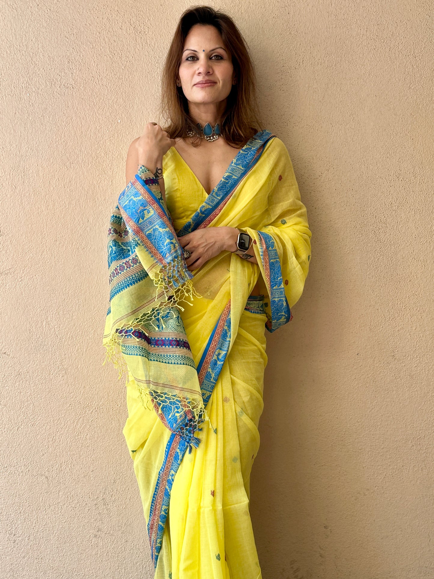 Yellow Pure Cotton Baluchari Saree with Blue Weaving