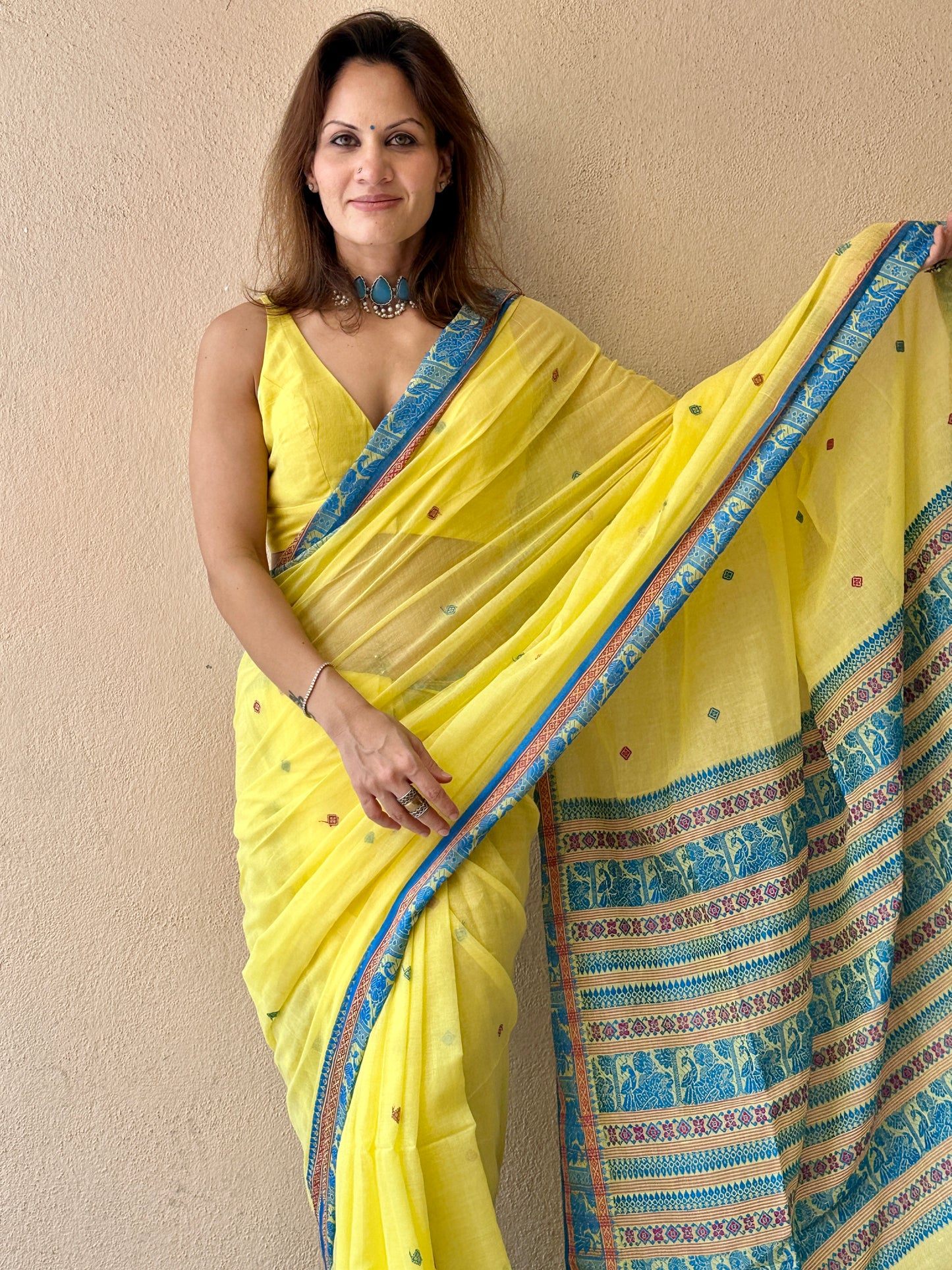Yellow Pure Cotton Baluchari Saree with Blue Weaving