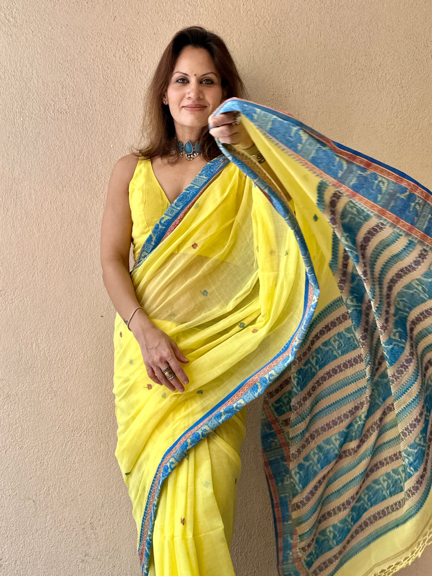 Yellow Pure Cotton Baluchari Saree with Blue Weaving