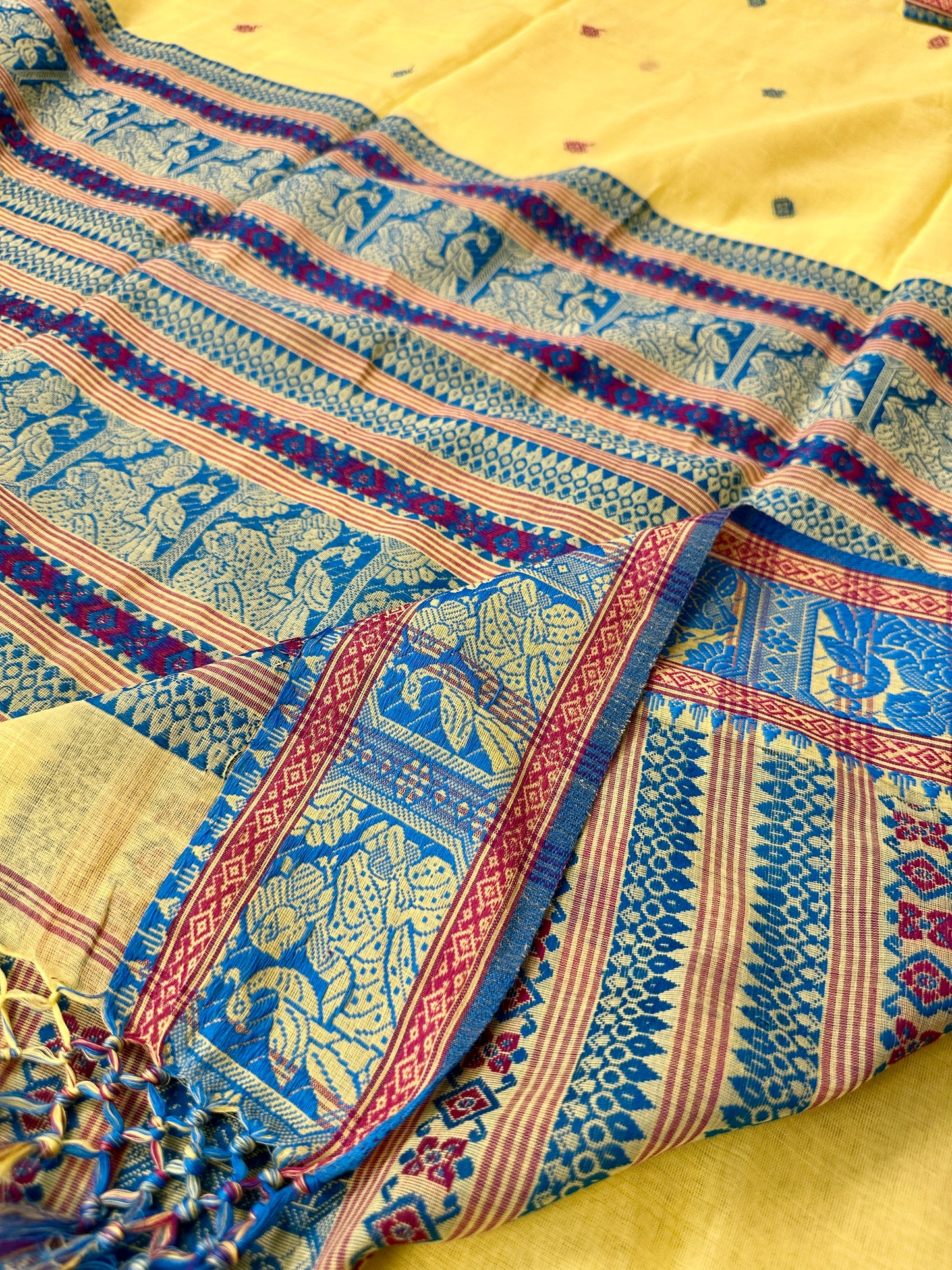 Yellow Pure Cotton Baluchari Saree with Blue Weaving