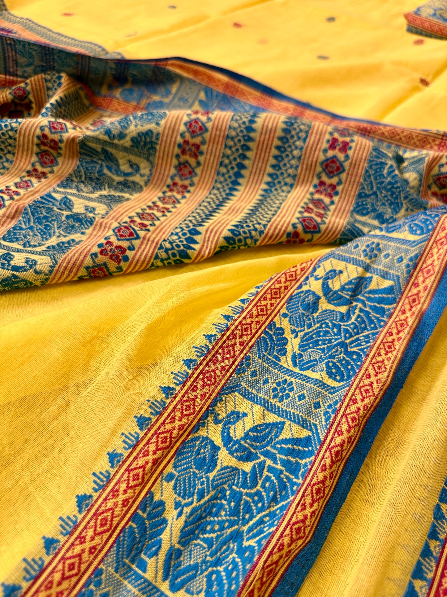 Yellow Pure Cotton Baluchari Saree with Blue Weaving