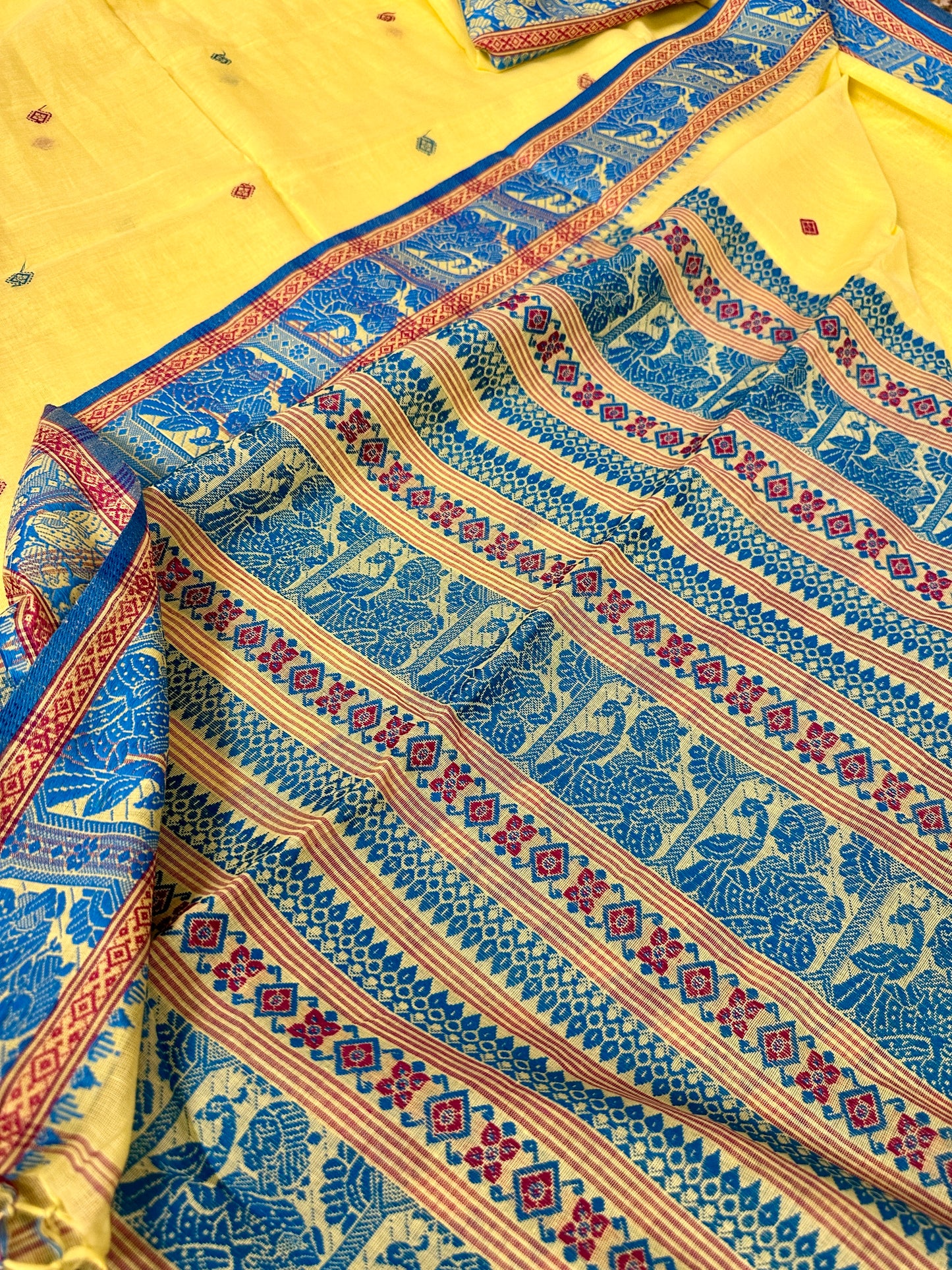 Yellow Pure Cotton Baluchari Saree with Blue Weaving