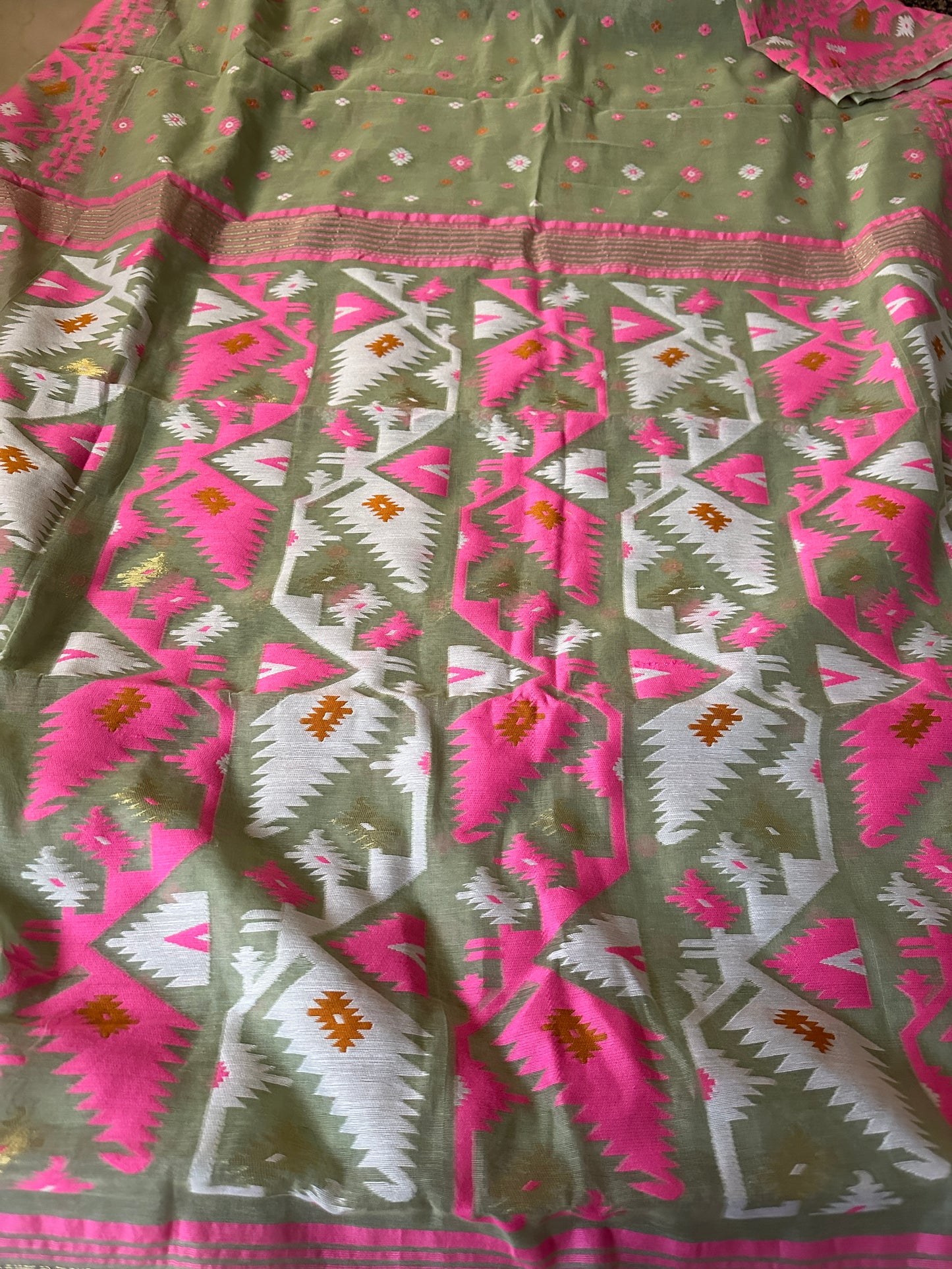 Mint Green & Pink Jacquard Weaving Cotton Silk Jamdani Sari with Zari Work