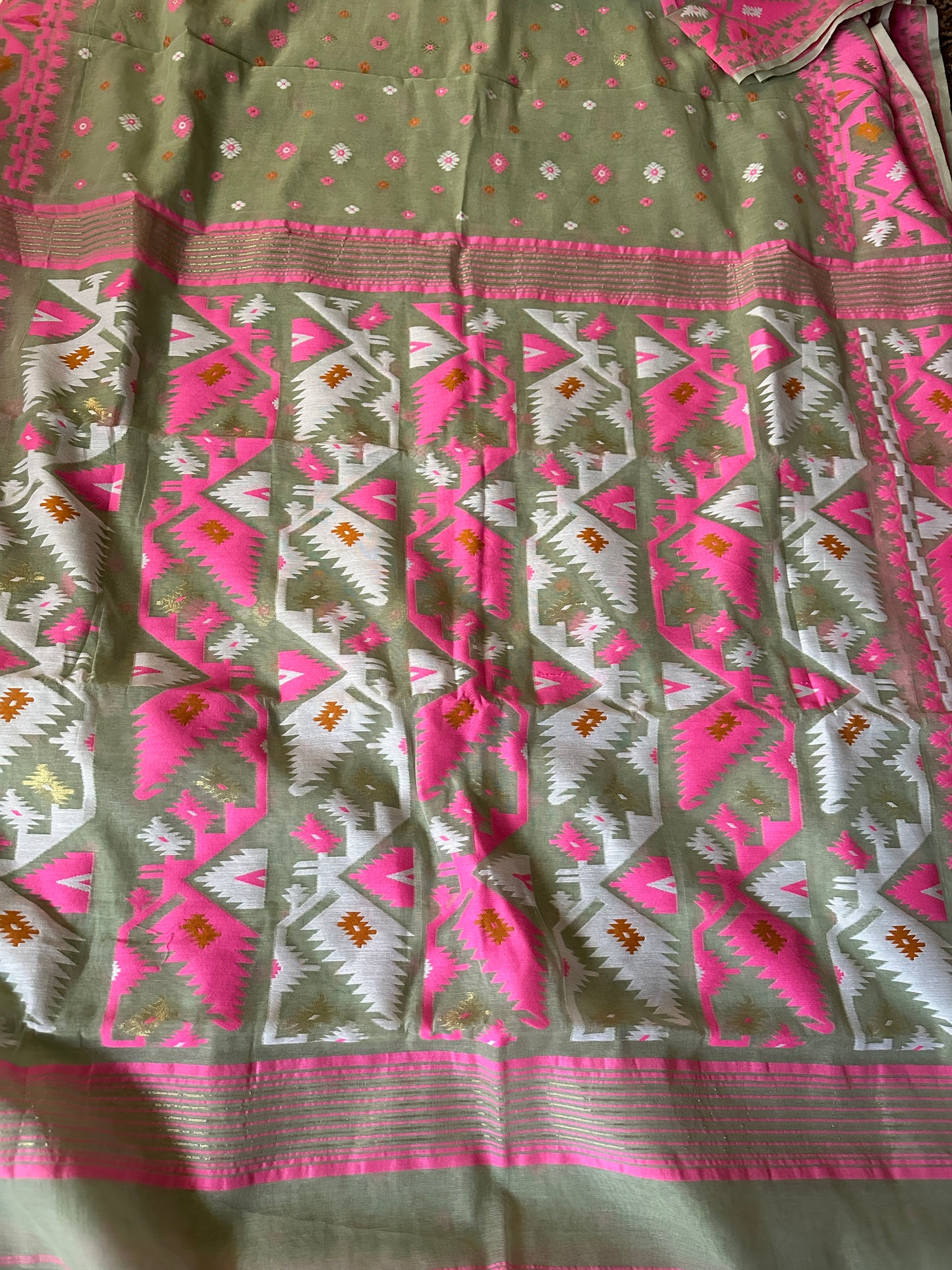 Mint Green & Pink Jacquard Weaving Cotton Silk Jamdani Sari with Zari Work