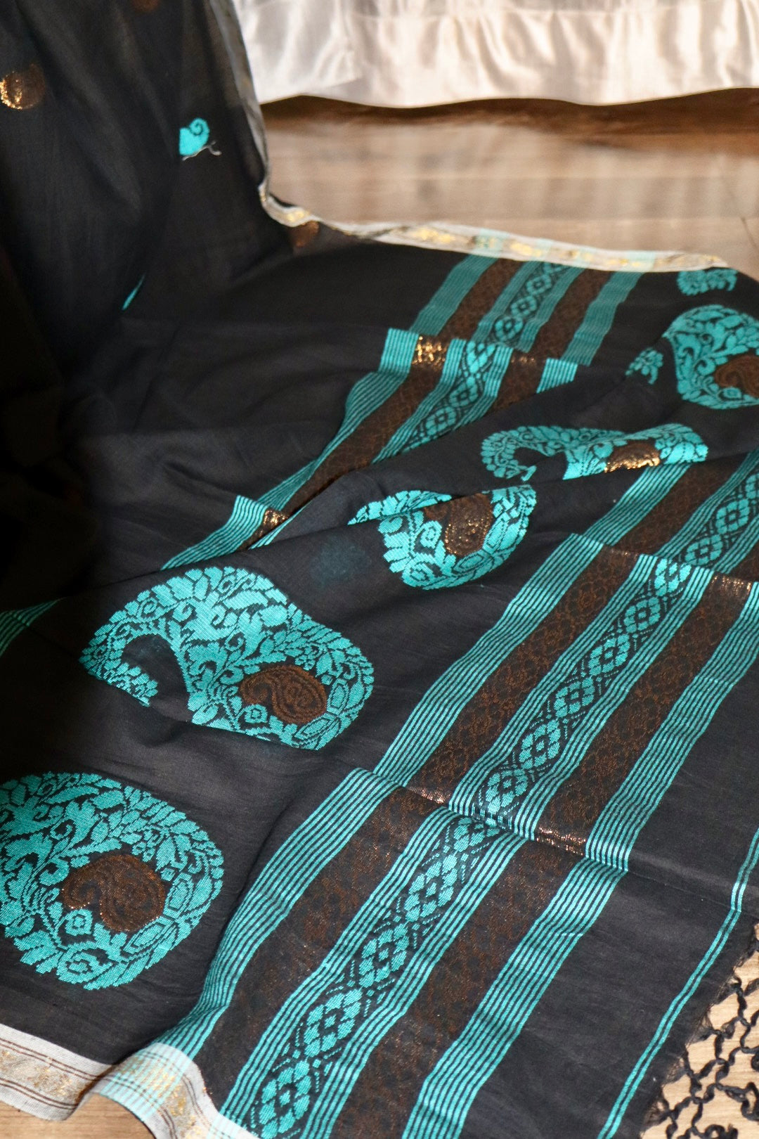 Black Handloom Cotton Jamdani Saree with Intricate Work on Body and Ambi Pallu