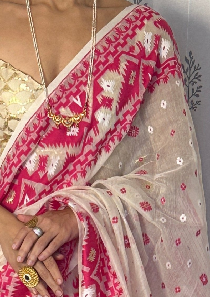 Cream & Pink Jacquard Weaving Cotton Silk Jamdani Saree with Zari Work