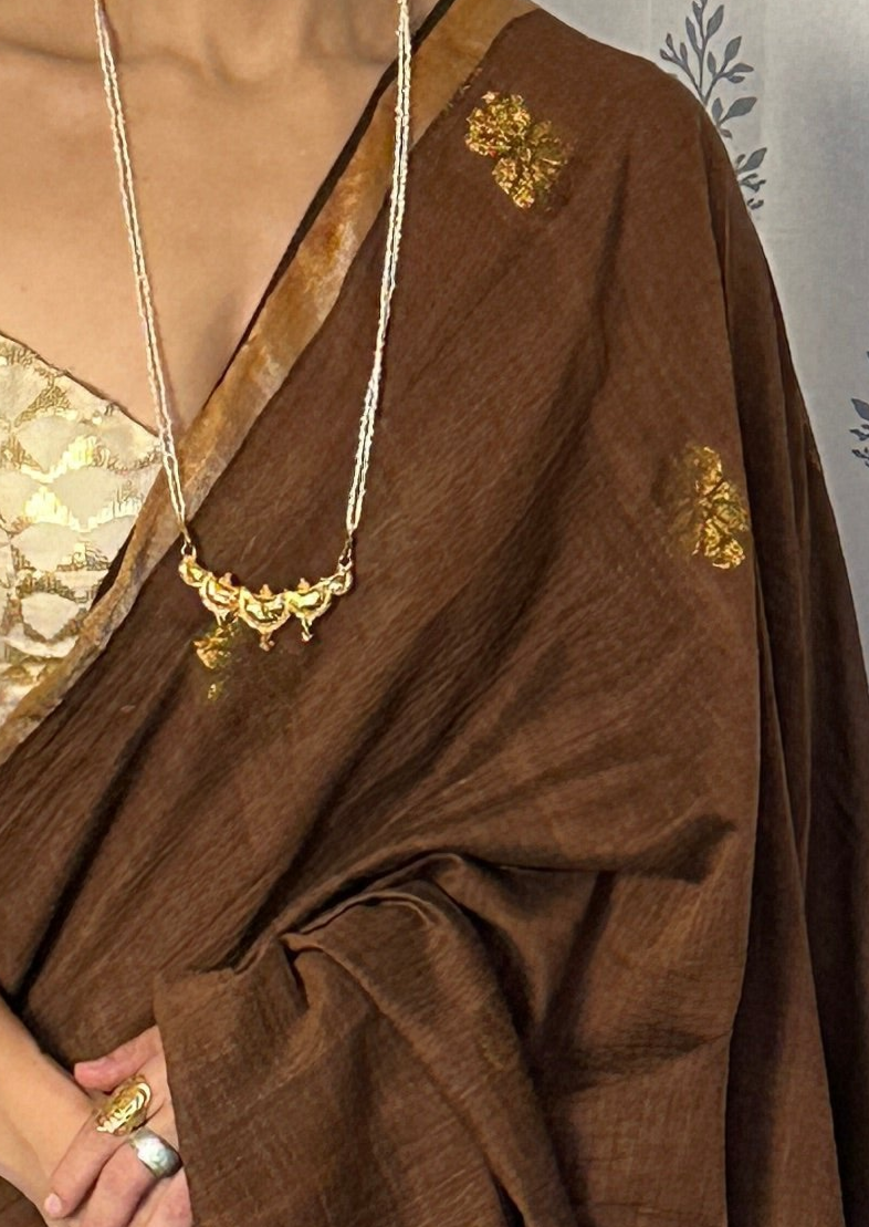 Brown Pure Cotton Jamdani Saree with Intricate Zari Work