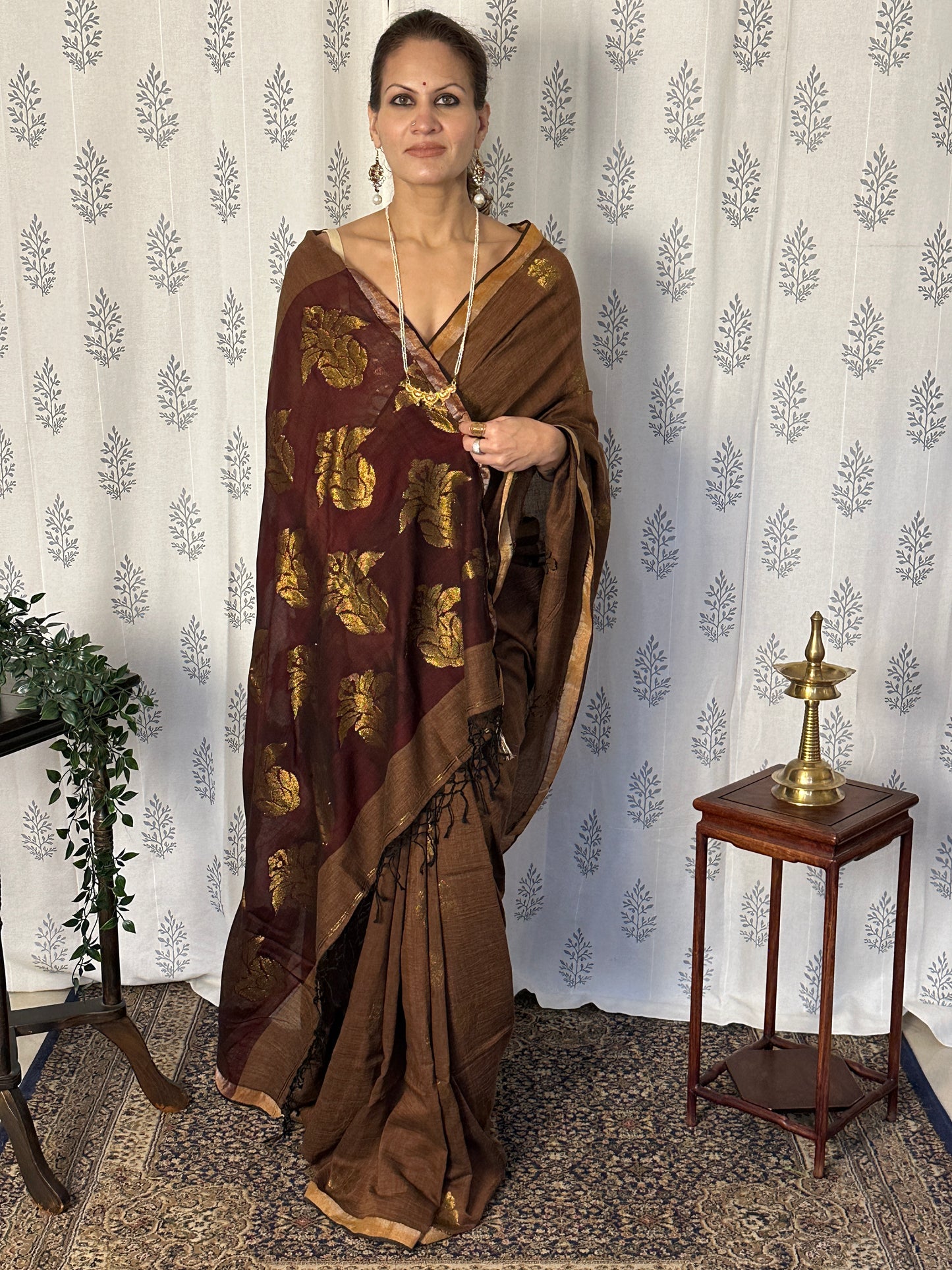 Brown Pure Cotton Jamdani Saree with Intricate Zari Work