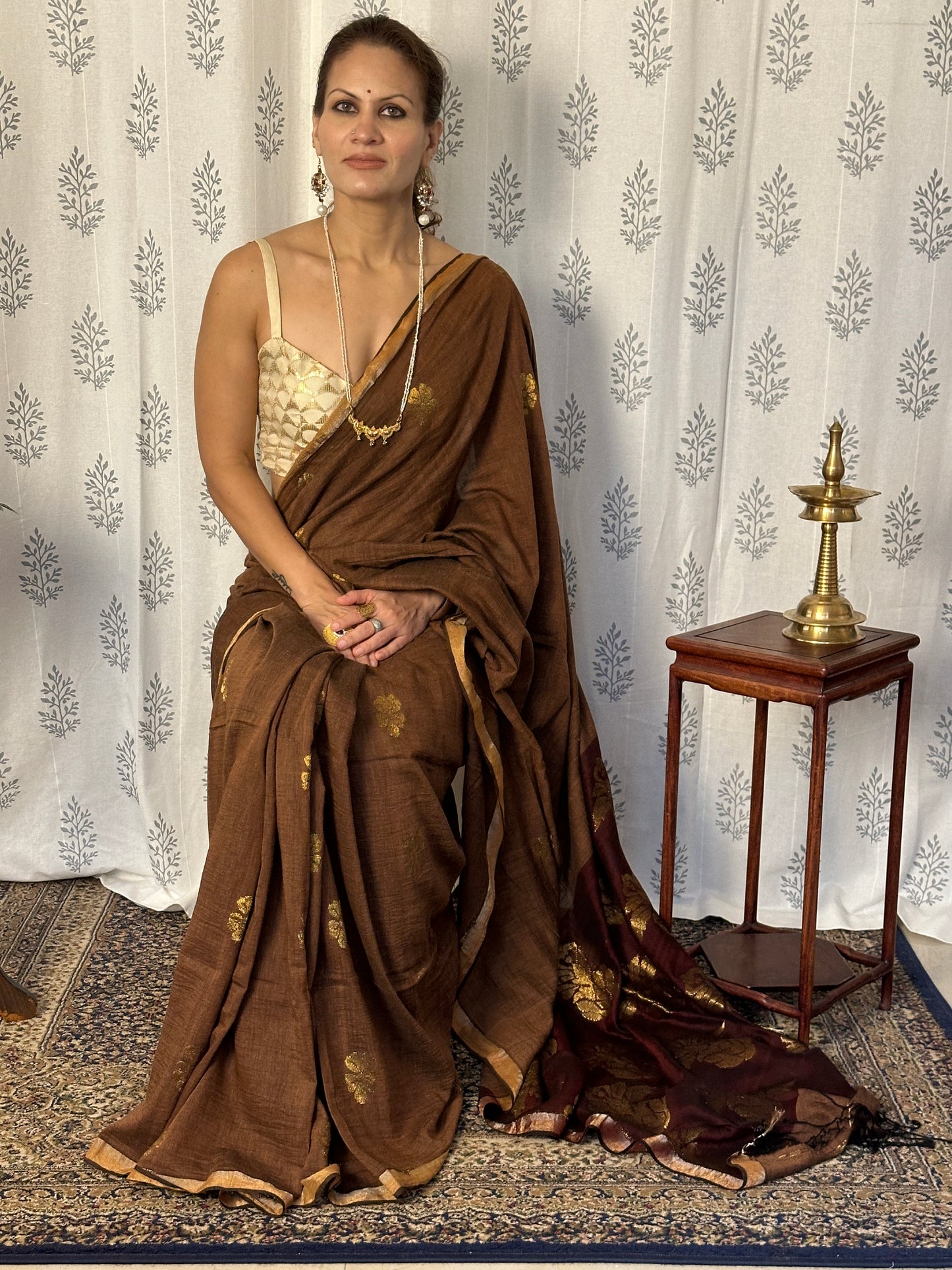 Brown Pure Cotton Jamdani Saree with Intricate Zari Work