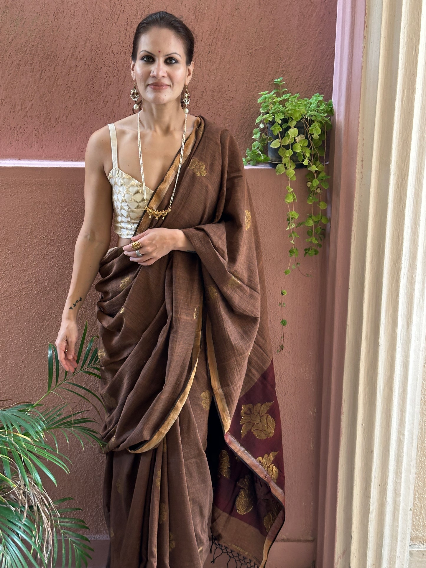 Brown Pure Cotton Jamdani Saree with Intricate Zari Work