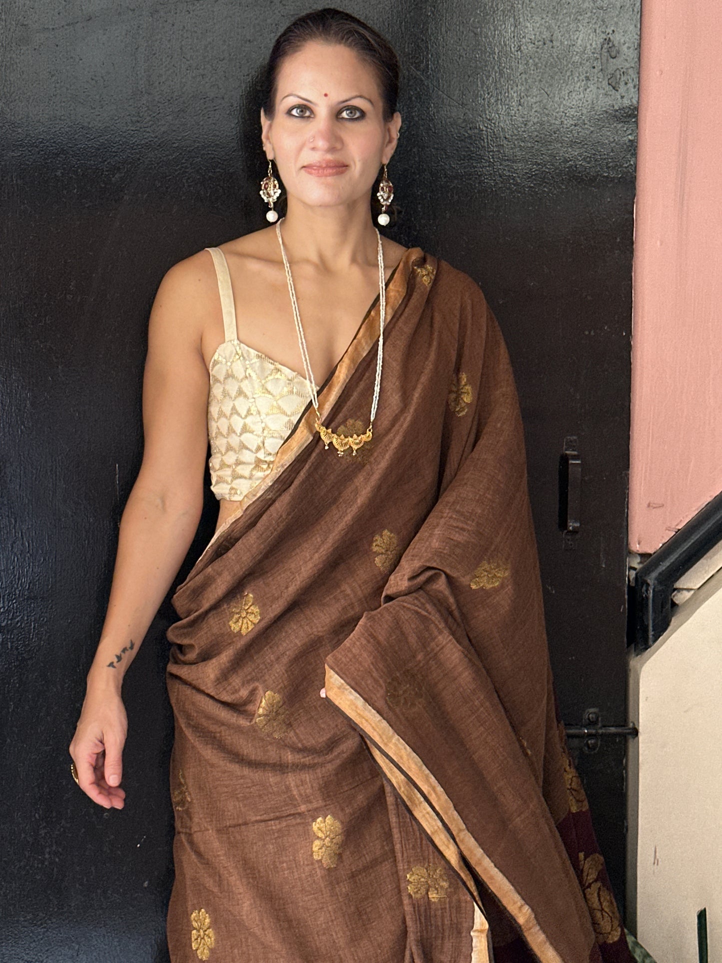Brown Pure Cotton Jamdani Saree with Intricate Zari Work