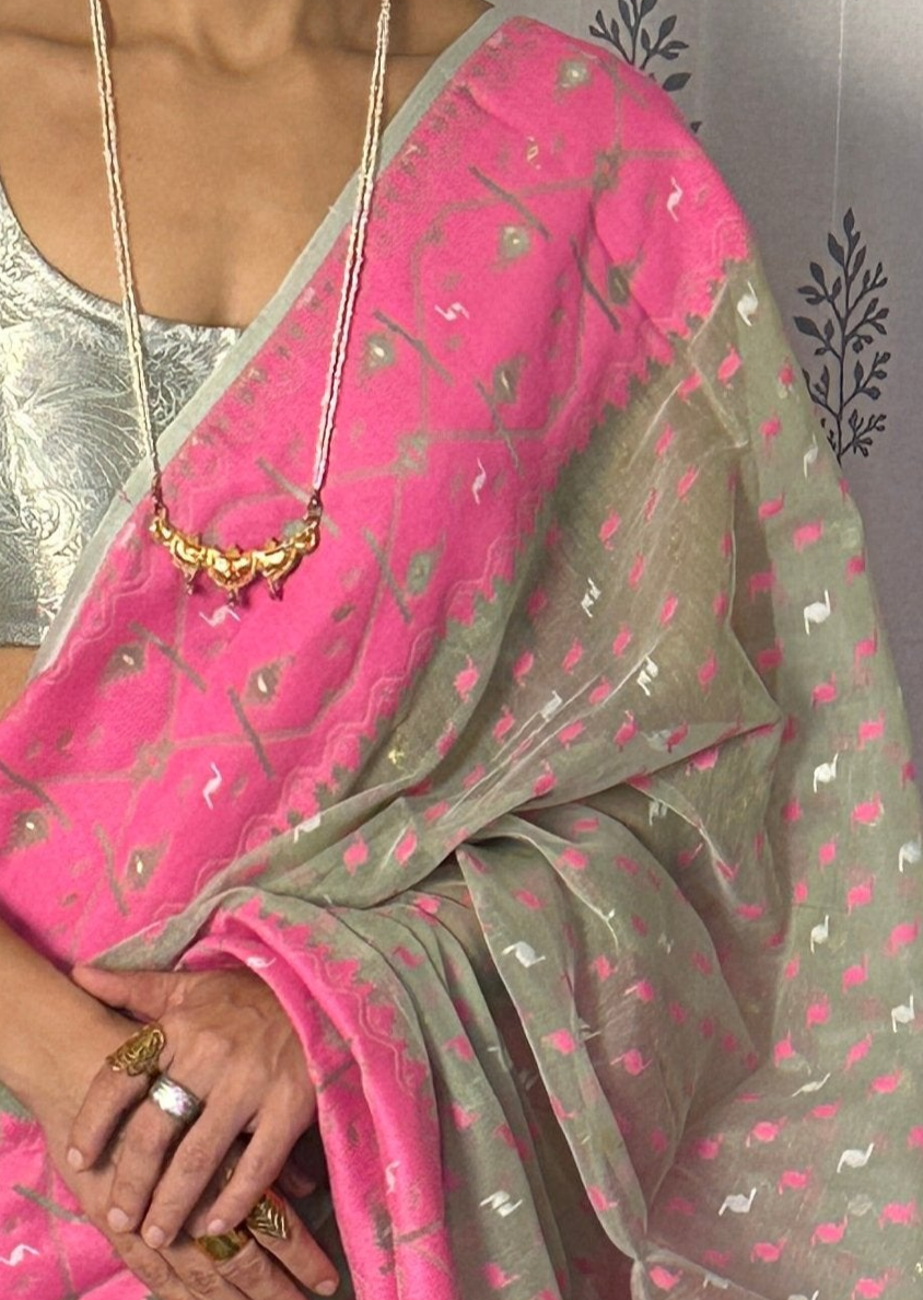 Greyish Green & Pink Jacquard Weaving Cotton Silk Jamdani Saree