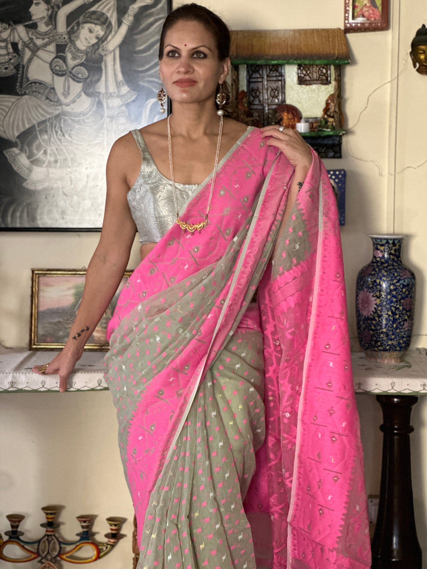 Greyish Green & Pink Jacquard Weaving Cotton Silk Jamdani Saree