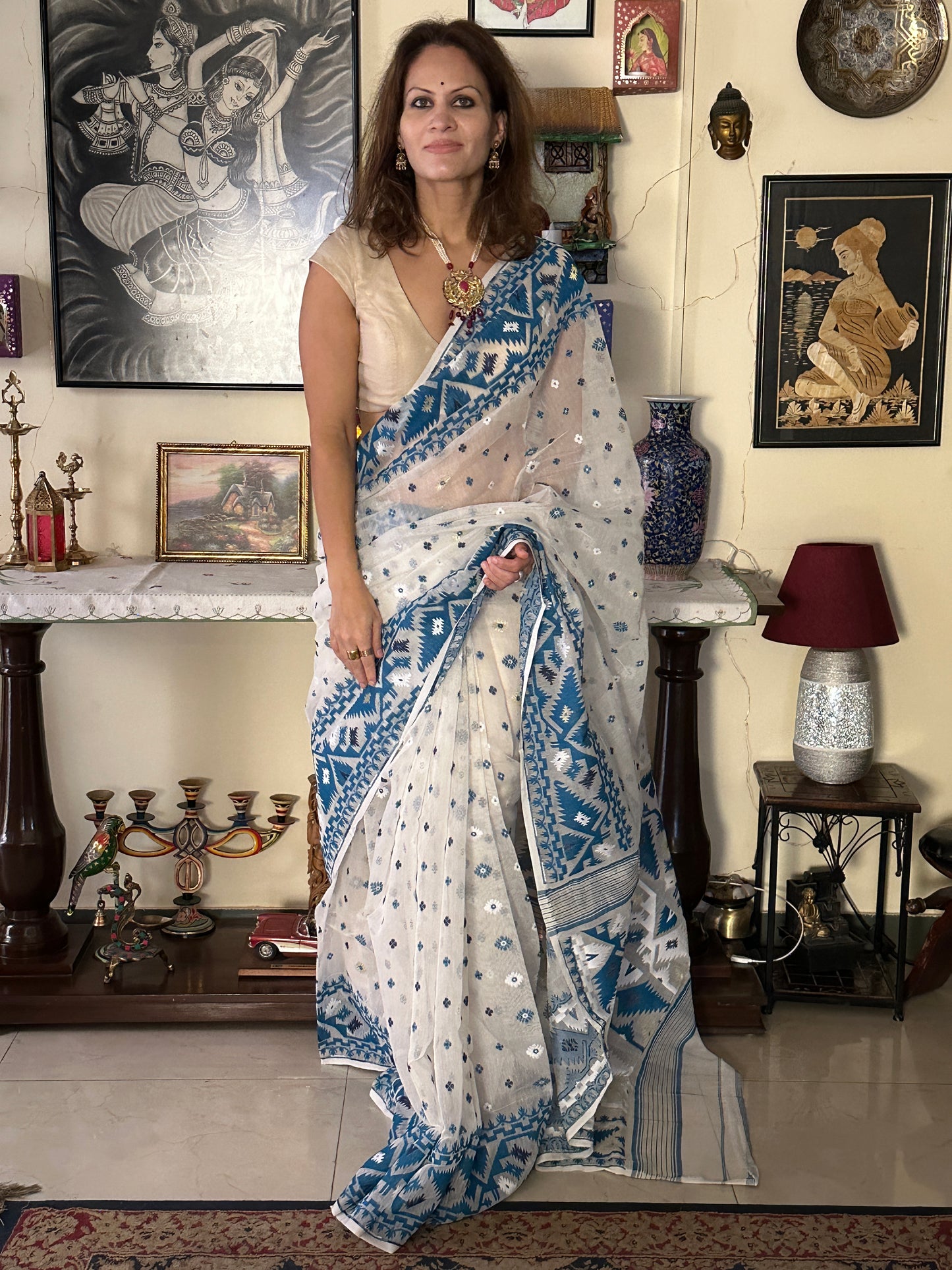 White & Blue Jacquard Weaving Cotton Silk Jamdani Sari with Zari Work