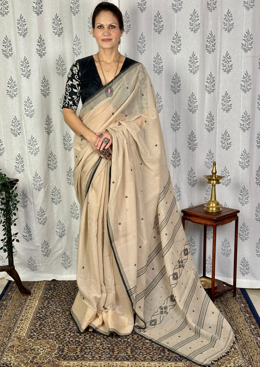 Beige Hand Spun Pure Fine Cotton Jamdani Saree with Black Intricate Needle Work