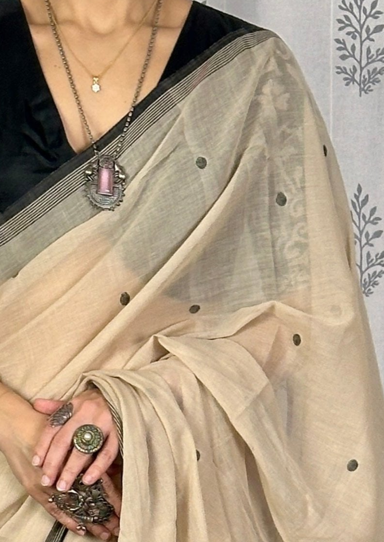 Beige Hand Spun Pure Fine Cotton Jamdani Saree with Black Intricate Needle Work