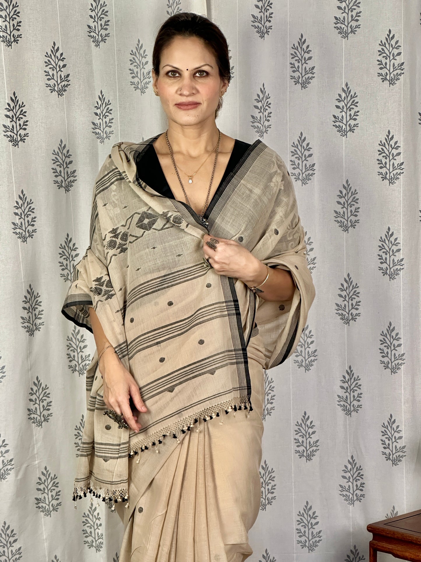 Beige Hand Spun Pure Fine Cotton Jamdani Saree with Black Intricate Needle Work