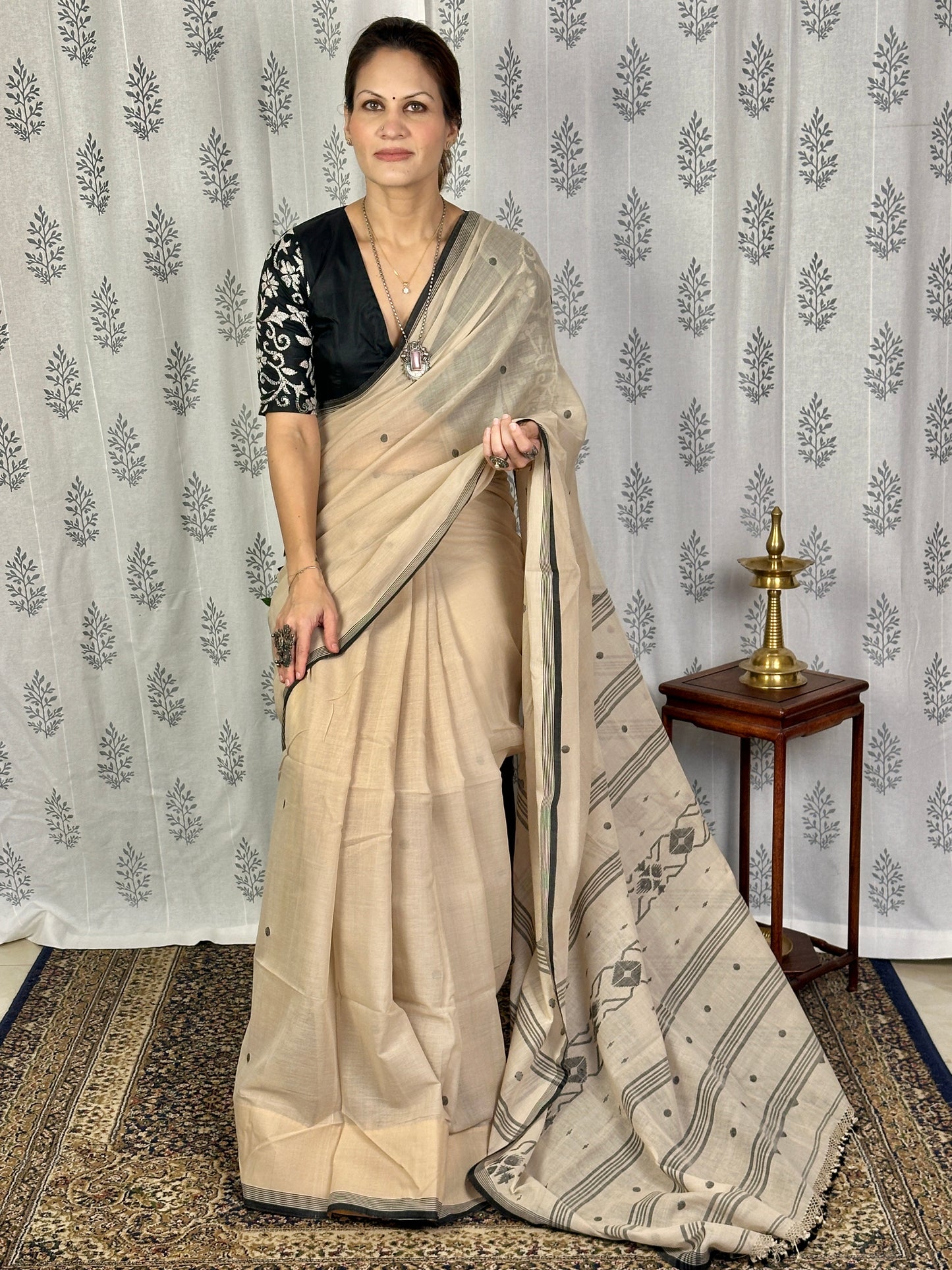 Beige Hand Spun Pure Fine Cotton Jamdani Saree with Black Intricate Needle Work