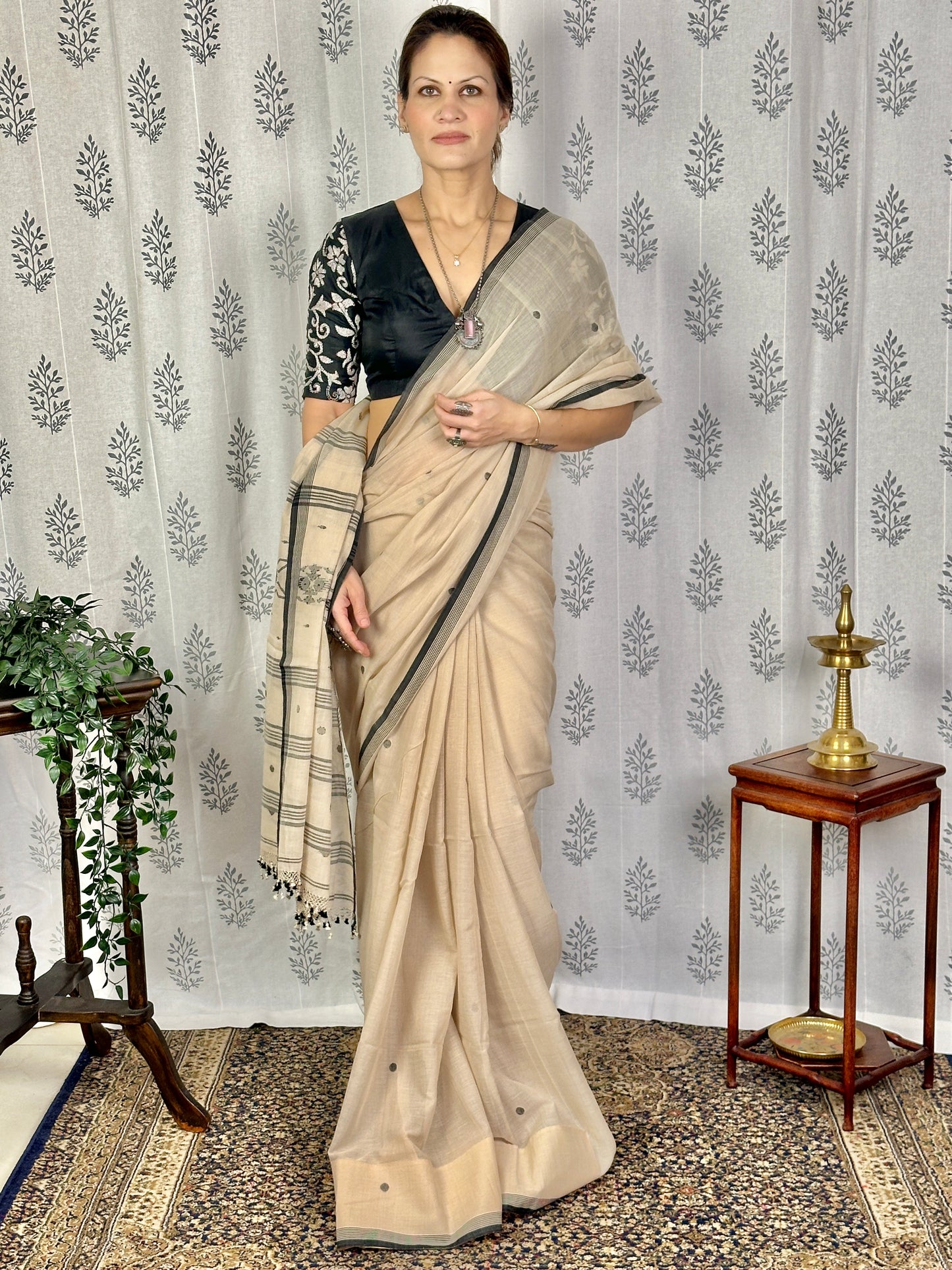Beige Hand Spun Pure Fine Cotton Jamdani Saree with Black Intricate Needle Work