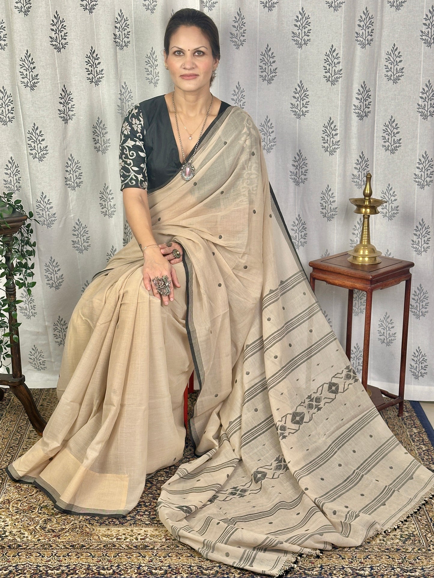 Beige Hand Spun Pure Fine Cotton Jamdani Saree with Black Intricate Needle Work