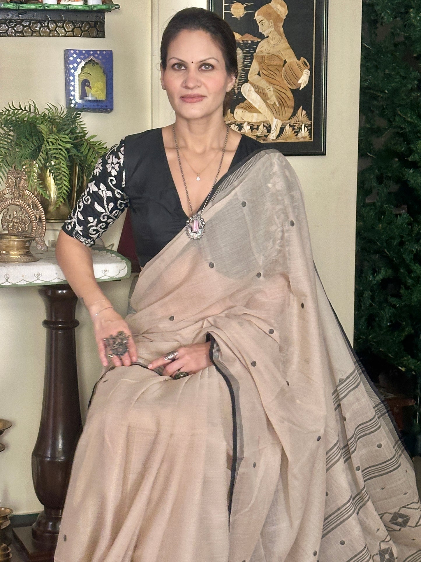 Beige Hand Spun Pure Fine Cotton Jamdani Saree with Black Intricate Needle Work