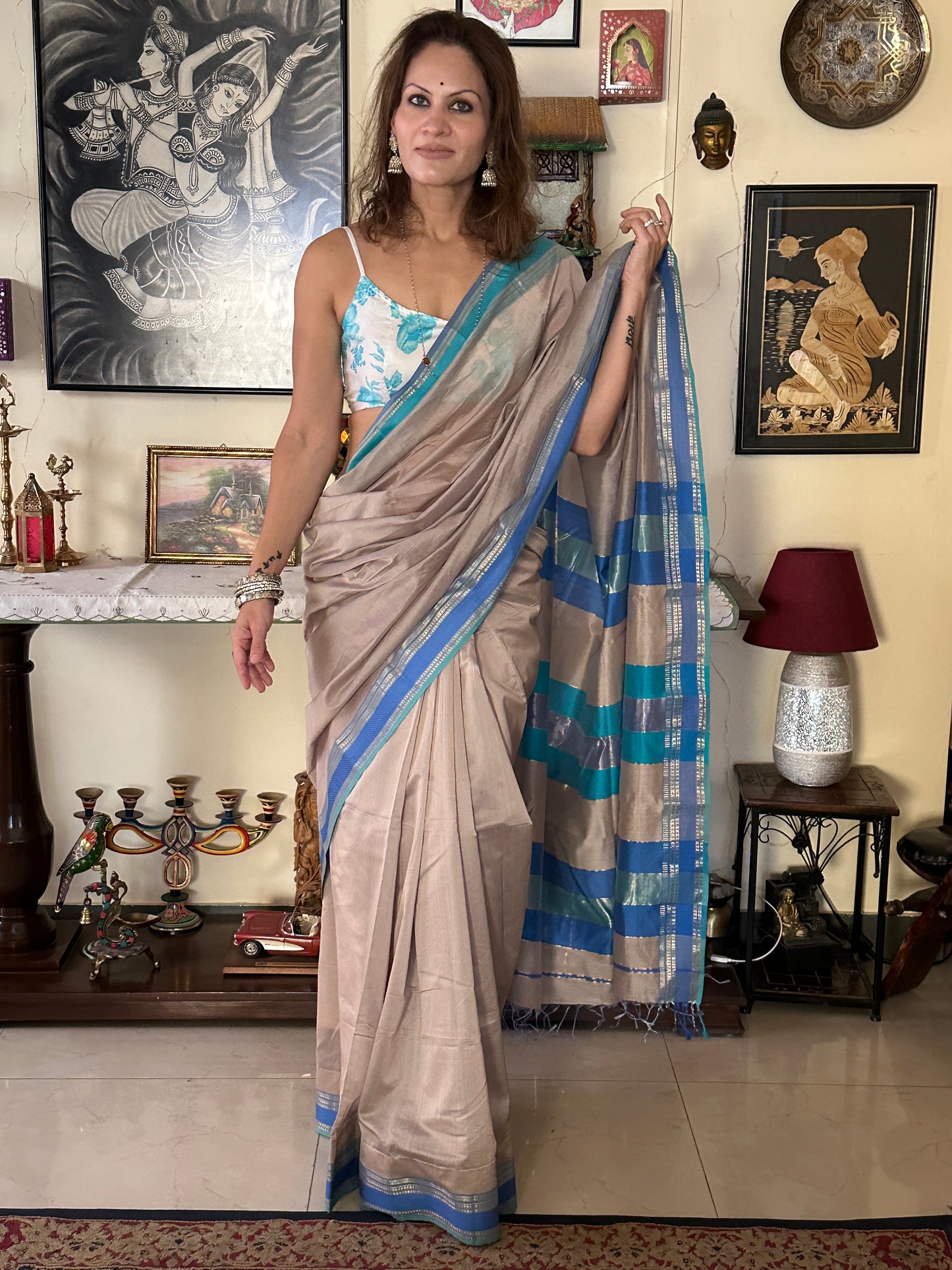 Blue & Grey Handloom Pure Maheshwari Sari