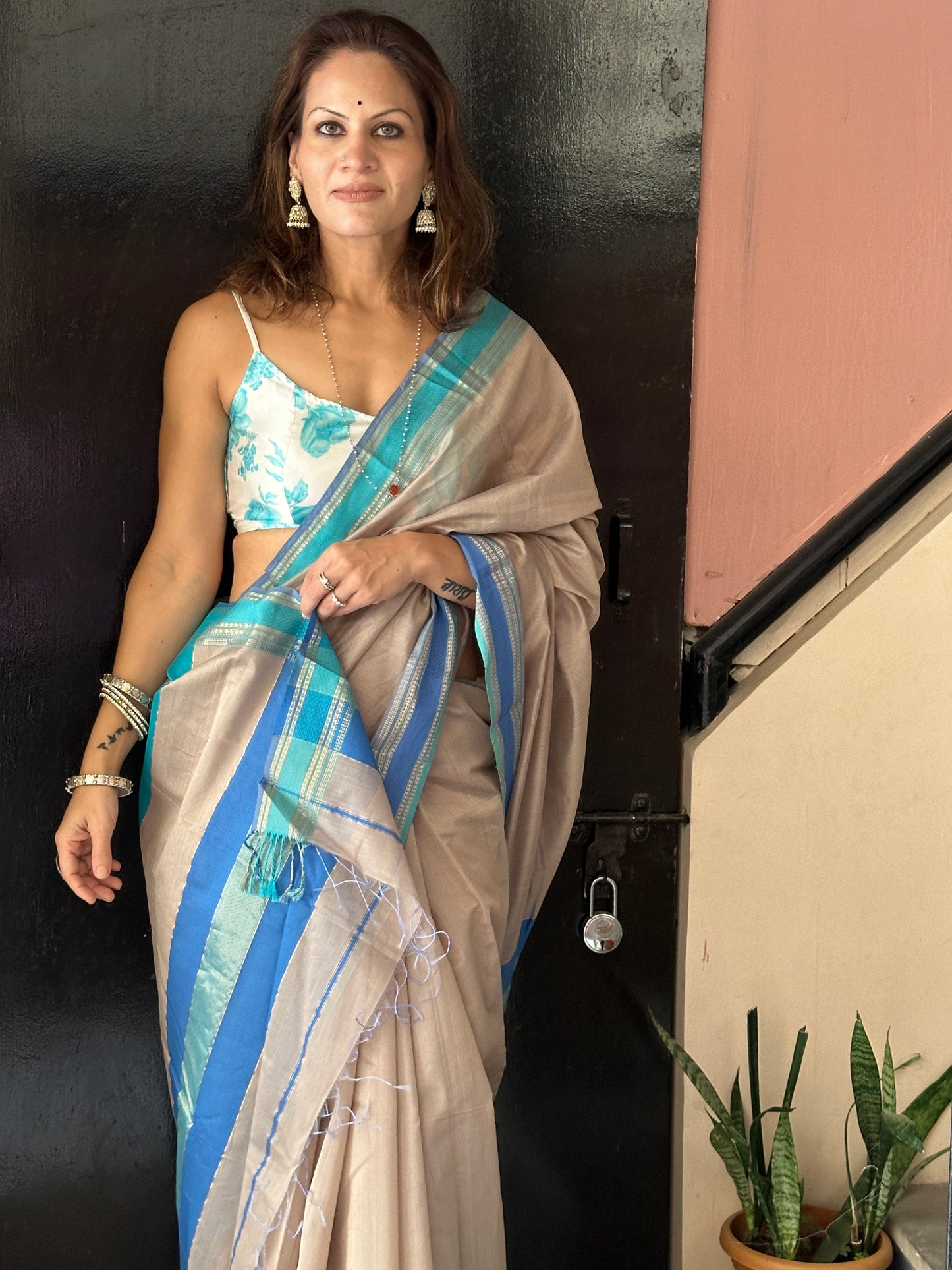 Blue & Grey Handloom Pure Maheshwari Sari
