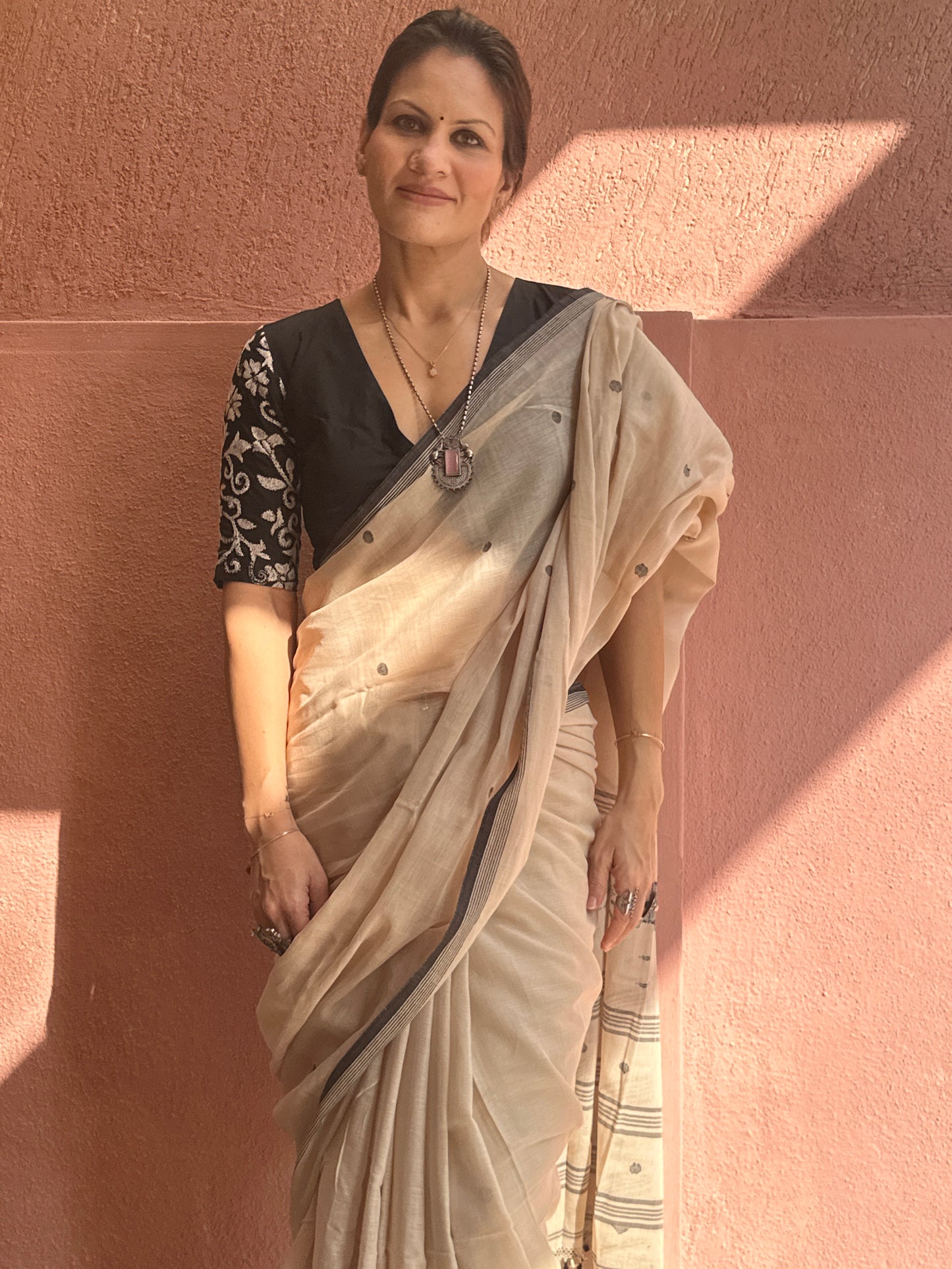 Beige Hand Spun Pure Fine Cotton Jamdani Saree with Black Intricate Needle Work