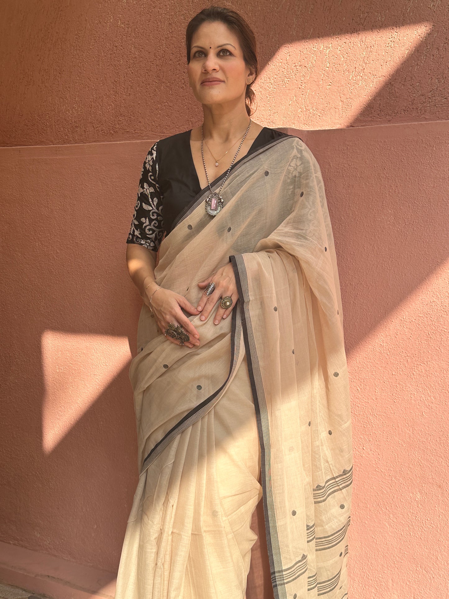 Beige Hand Spun Pure Fine Cotton Jamdani Saree with Black Intricate Needle Work