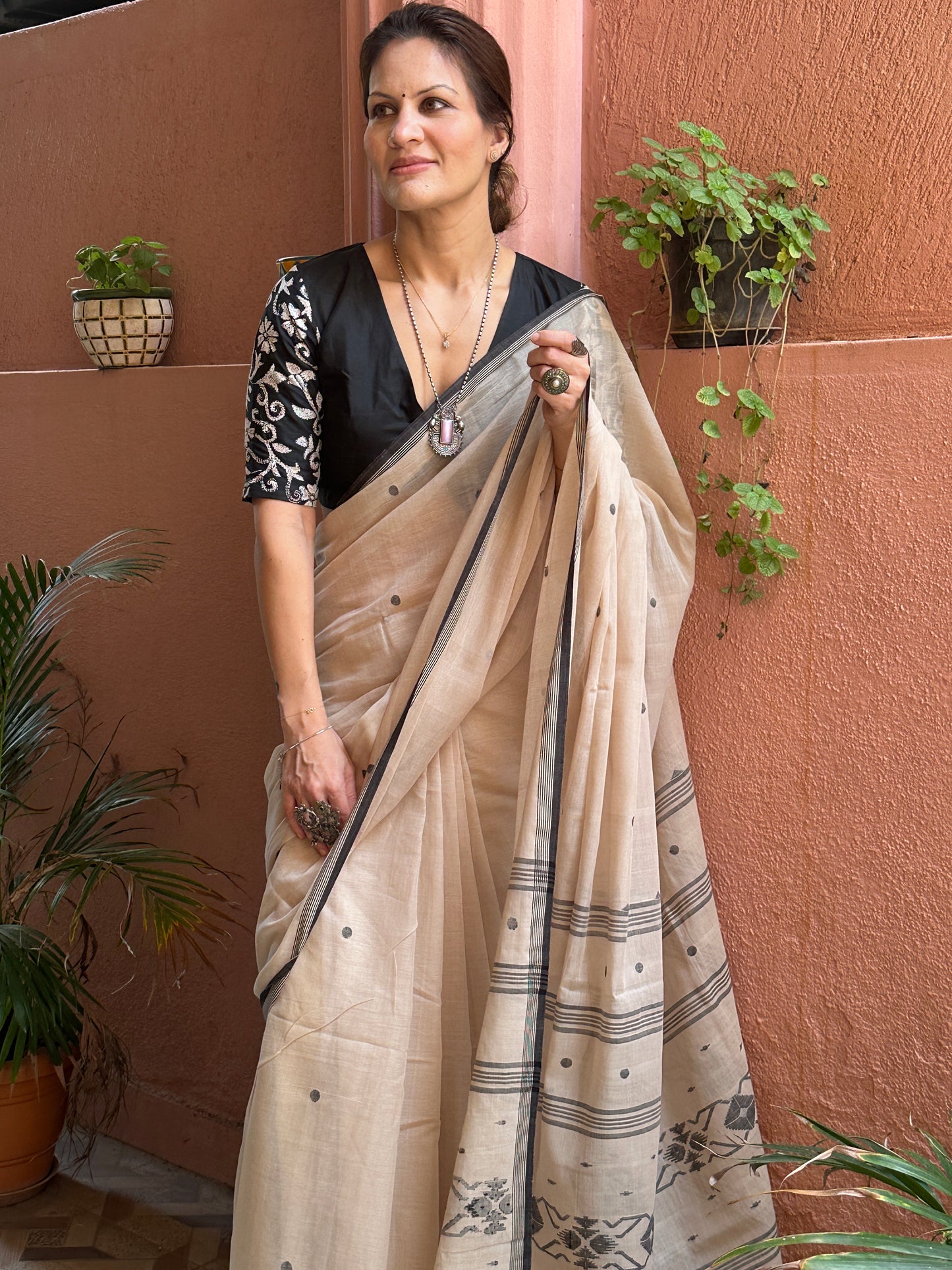 Beige Hand Spun Pure Fine Cotton Jamdani Saree with Black Intricate Needle Work