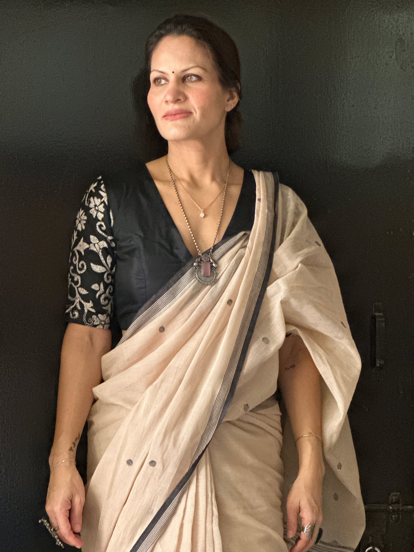 Beige Hand Spun Pure Fine Cotton Jamdani Saree with Black Intricate Needle Work