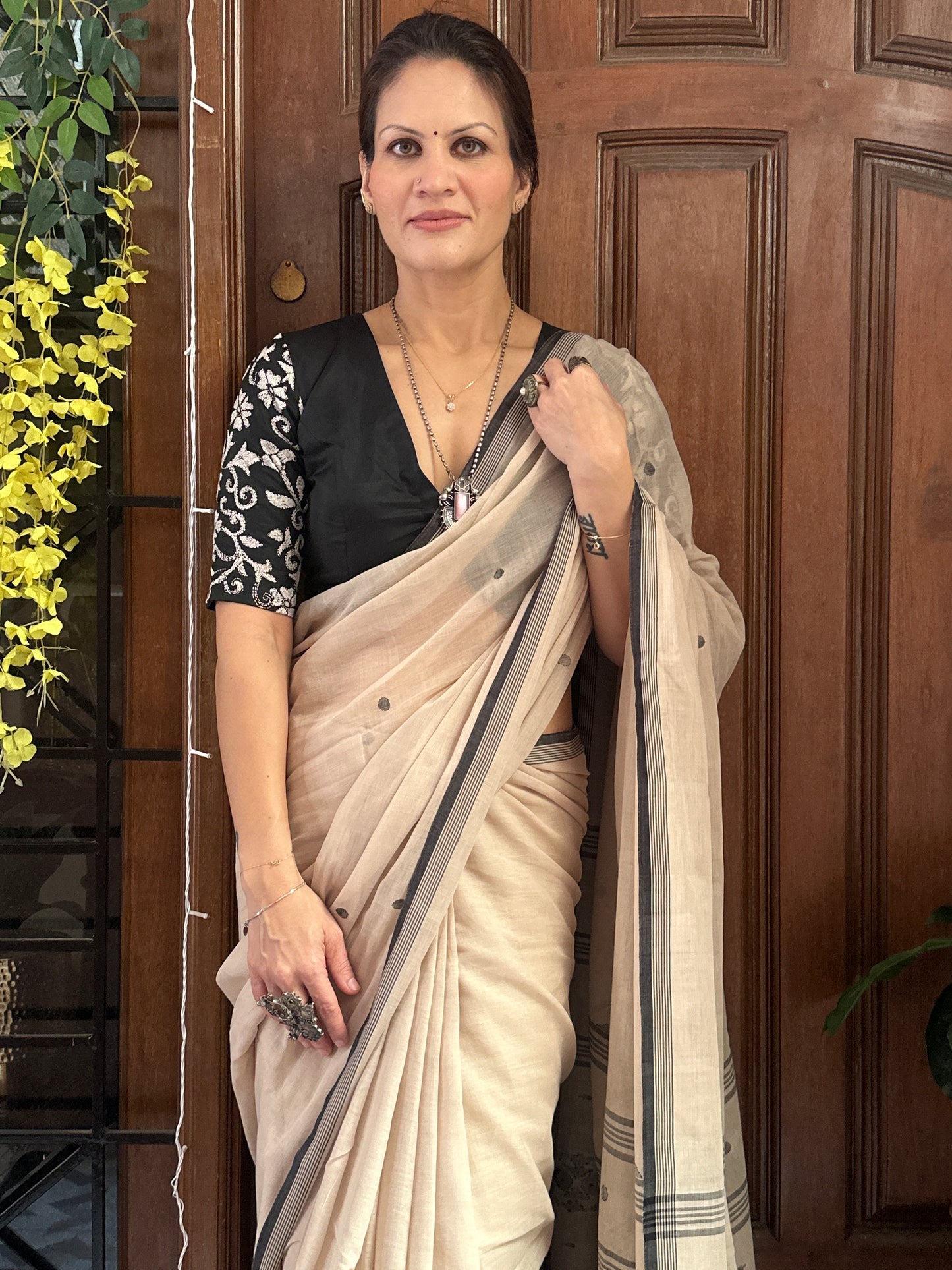 Beige Hand Spun Pure Fine Cotton Jamdani Saree with Black Intricate Needle Work