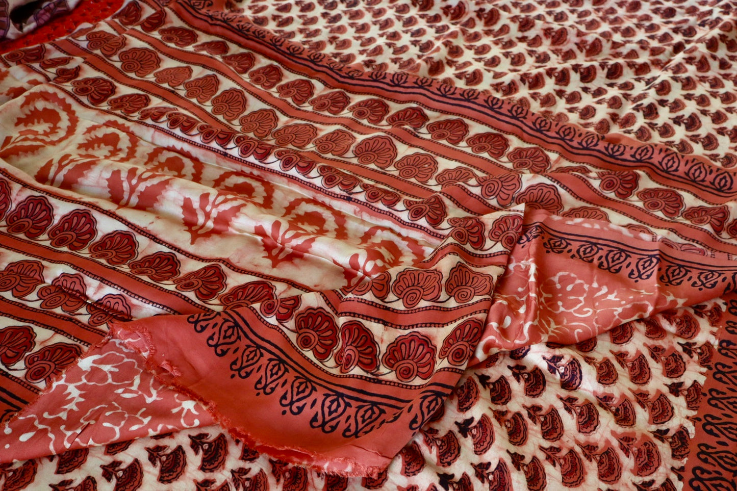 Orange & Beige Natural Dye Handblock Print Modal Silk Saree