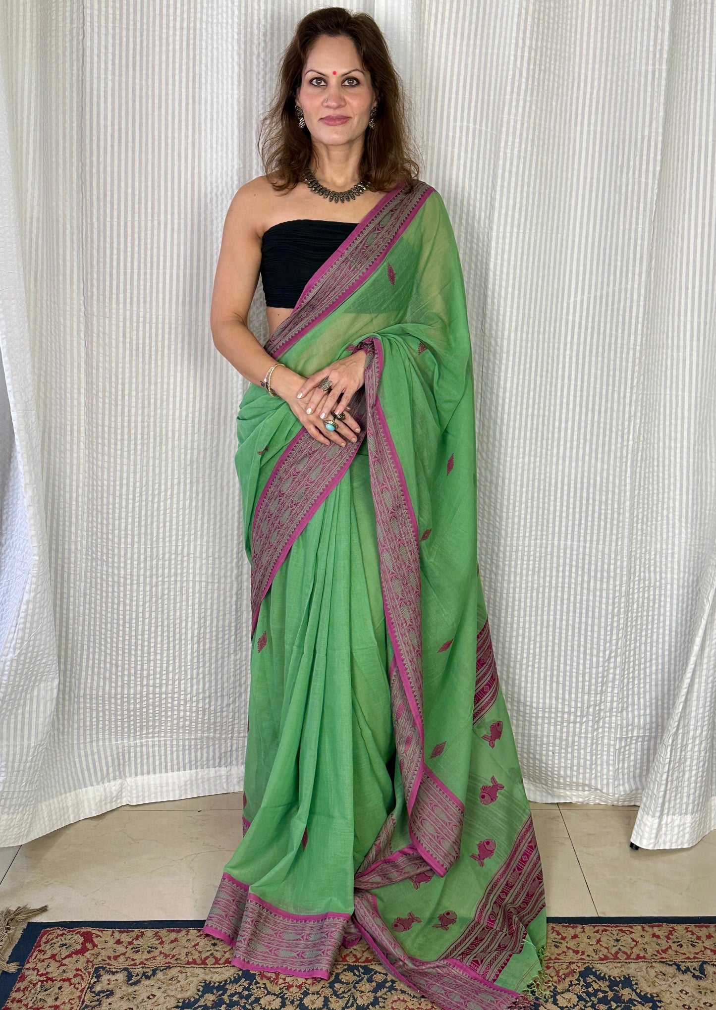 Green Pure Handloom Hand Spun Cotton Saree with Fish Motifs