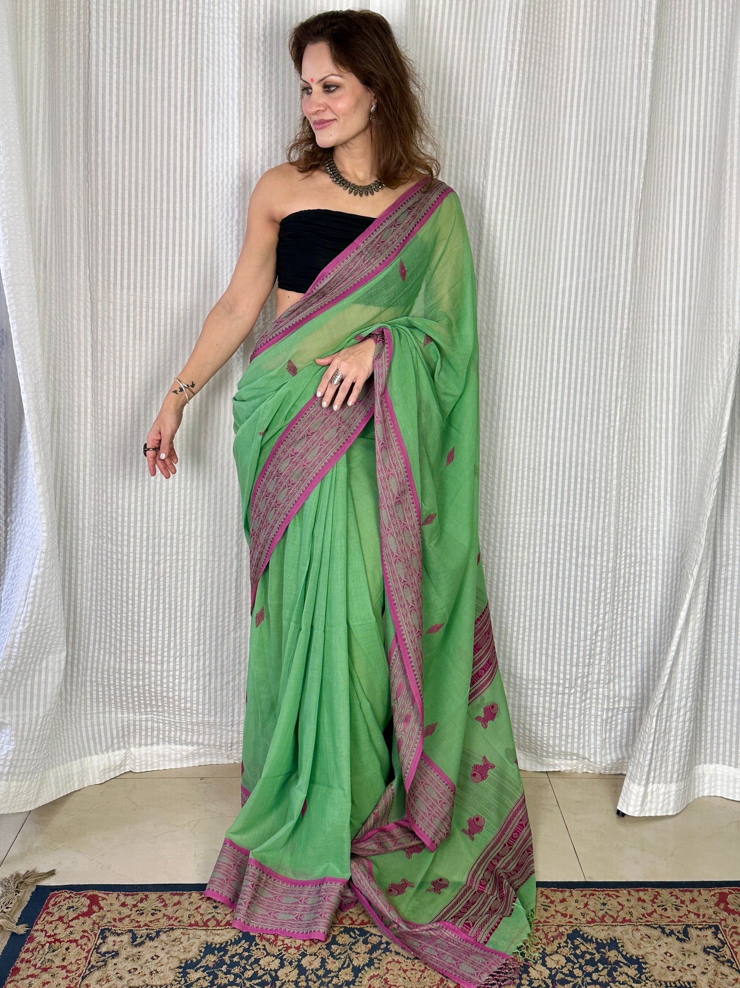 Green Pure Handloom Hand Spun Cotton Saree with Fish Motifs