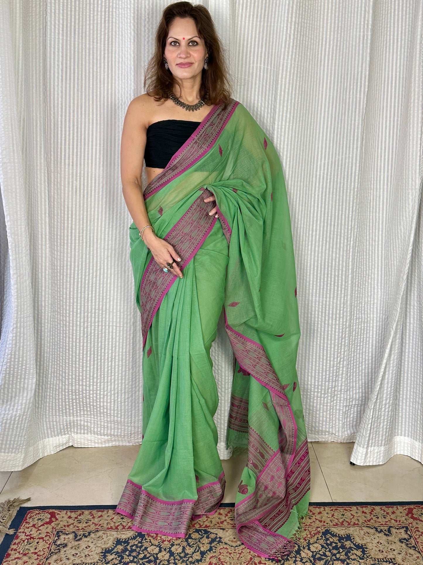 Green Pure Handloom Hand Spun Cotton Saree with Fish Motifs
