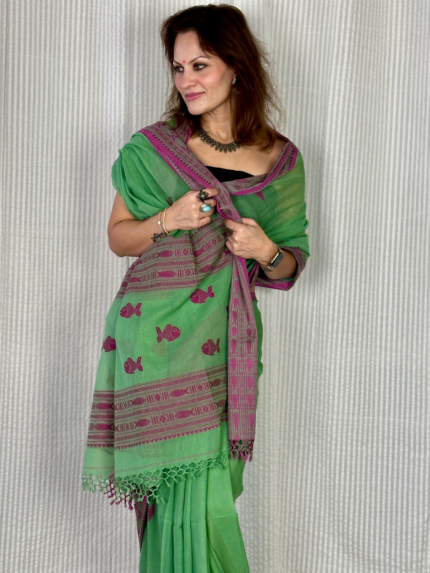 Green Pure Handloom Hand Spun Cotton Saree with Fish Motifs