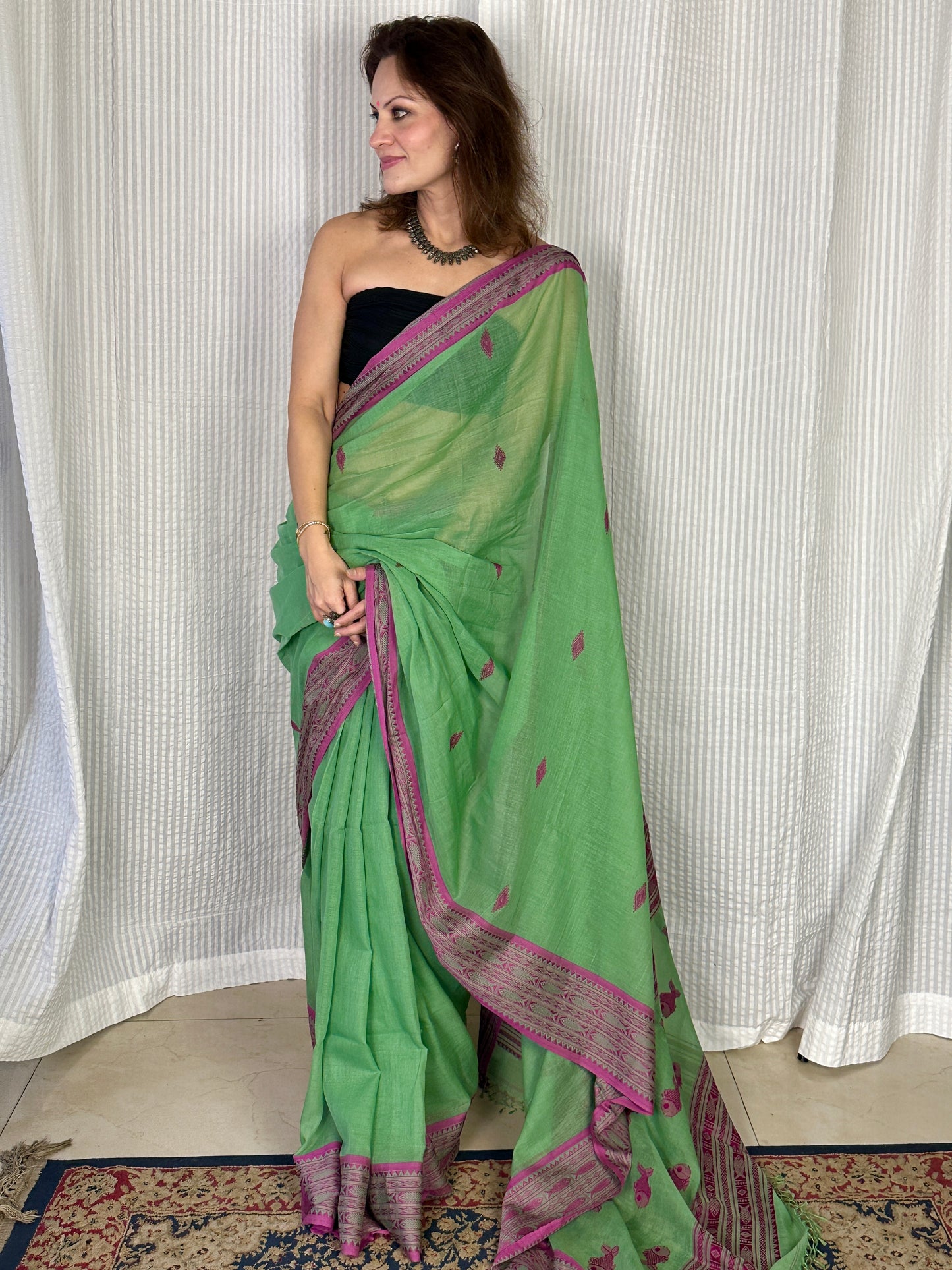 Green Pure Handloom Hand Spun Cotton Saree with Fish Motifs