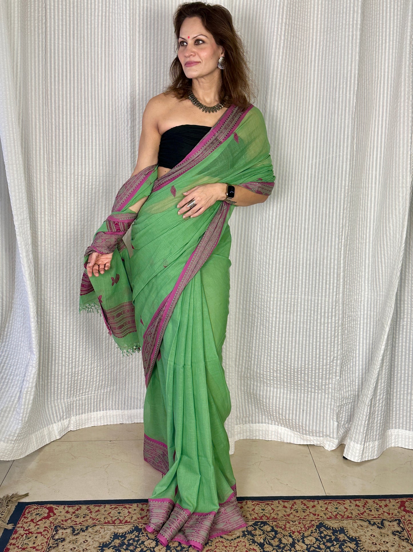 Green Pure Handloom Hand Spun Cotton Saree with Fish Motifs