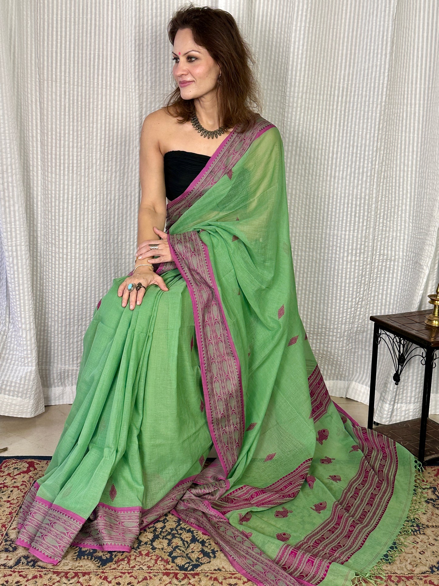 Green Pure Handloom Hand Spun Cotton Saree with Fish Motifs