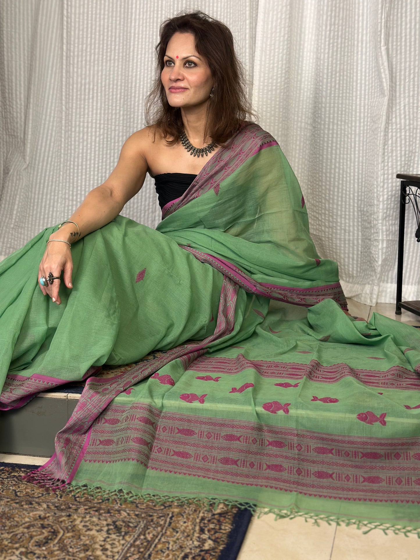 Green Pure Handloom Hand Spun Cotton Saree with Fish Motifs