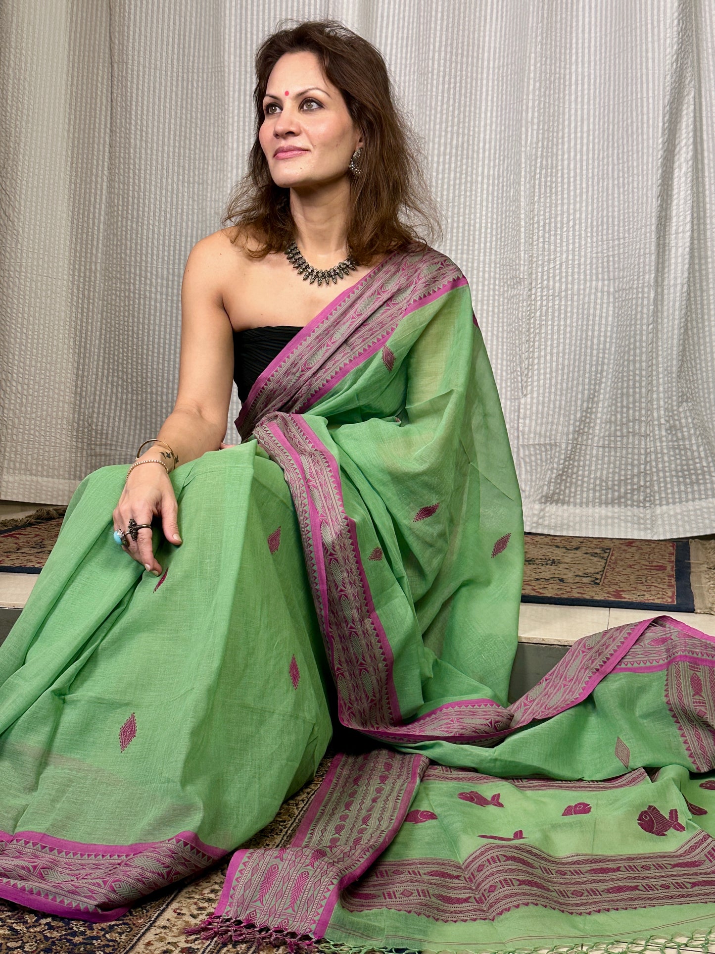 Green Pure Handloom Hand Spun Cotton Saree with Fish Motifs