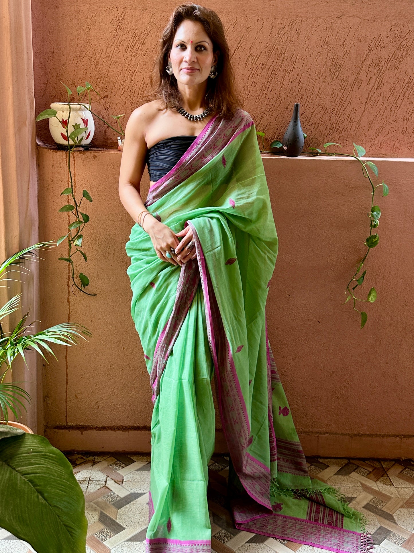 Green Pure Handloom Hand Spun Cotton Saree with Fish Motifs