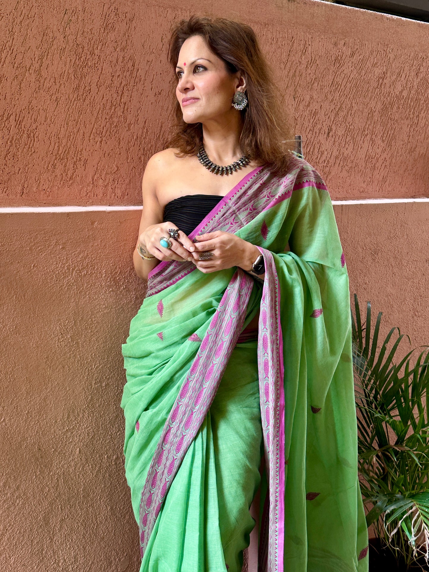 Green Pure Handloom Hand Spun Cotton Saree with Fish Motifs