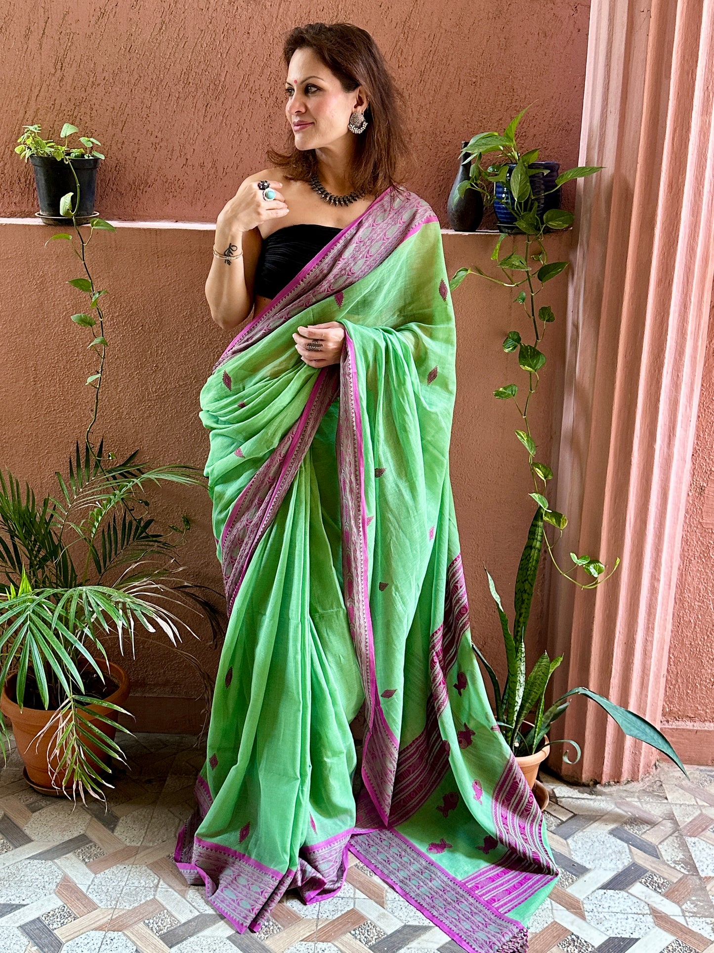 Green Pure Handloom Hand Spun Cotton Saree with Fish Motifs